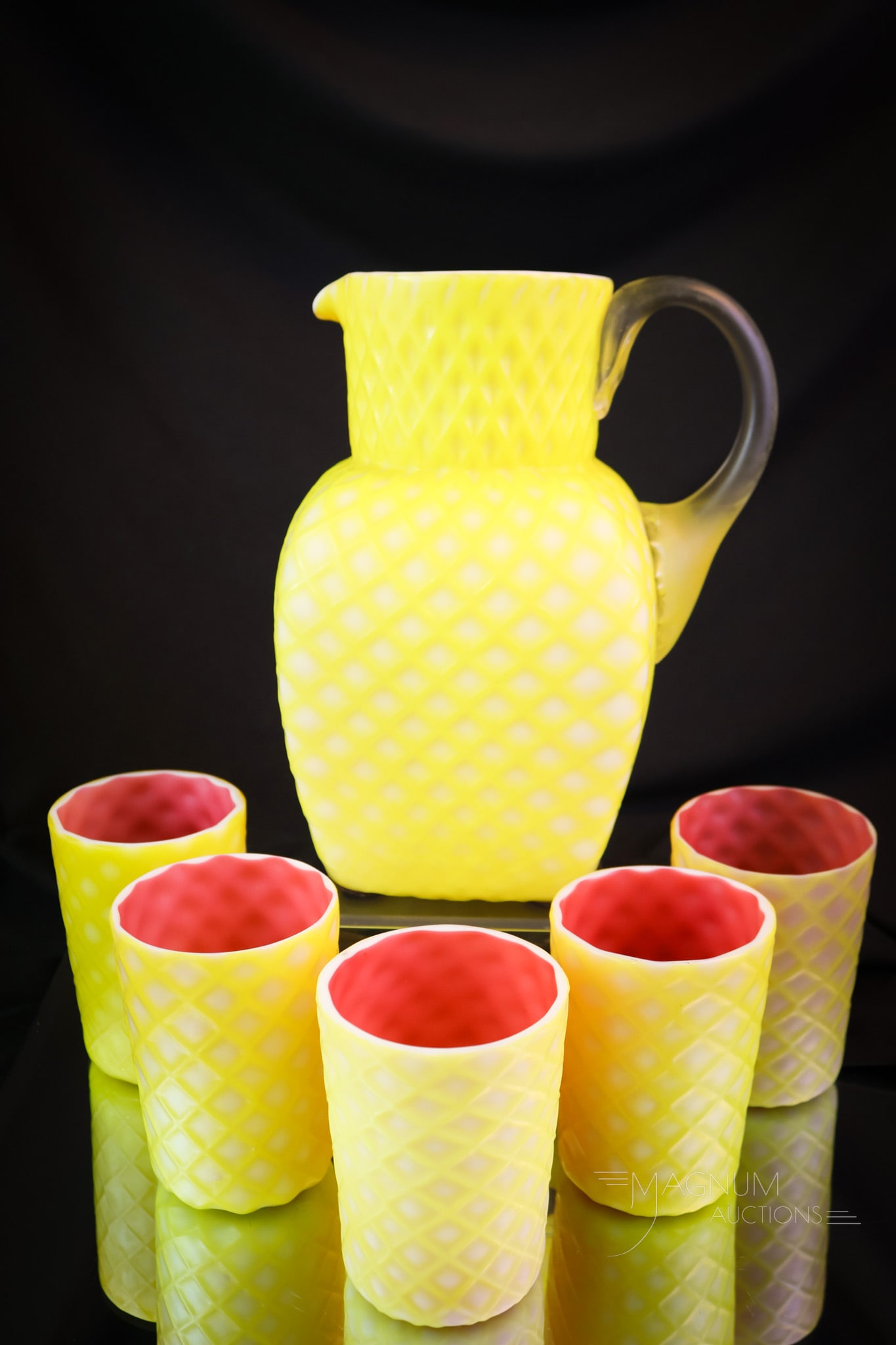 5 pc Victorian Phoenix Cut Velvet Art Glass Water Set: A brilliant canary yellow Victorian attributed to Phoenix glass water set. This set is yellow cased with pink on the interior. A beautiful set! The tallest measures 8 1/4" tall. SHIPPING NOTICE: If yo