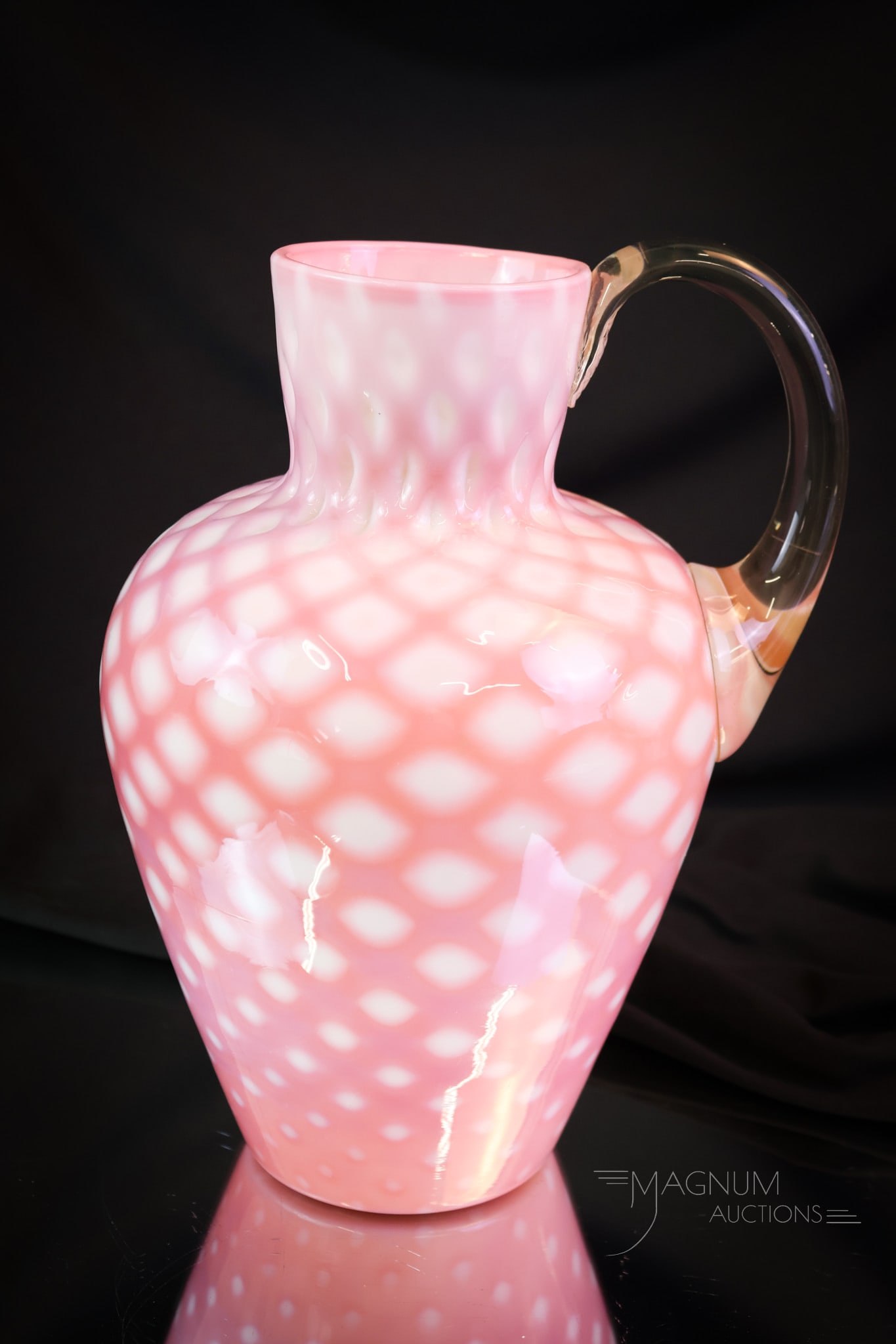 Rare Phoenix Victorian Uranium Diamond Rose Quilt Glass Water Jug: Vasie alert!!! This lovely find lights up under black light with its uranium content! This jug is attributed to Attributed to Phoenix glass. The piece has a rose-quilt diamond pattern over the body. I