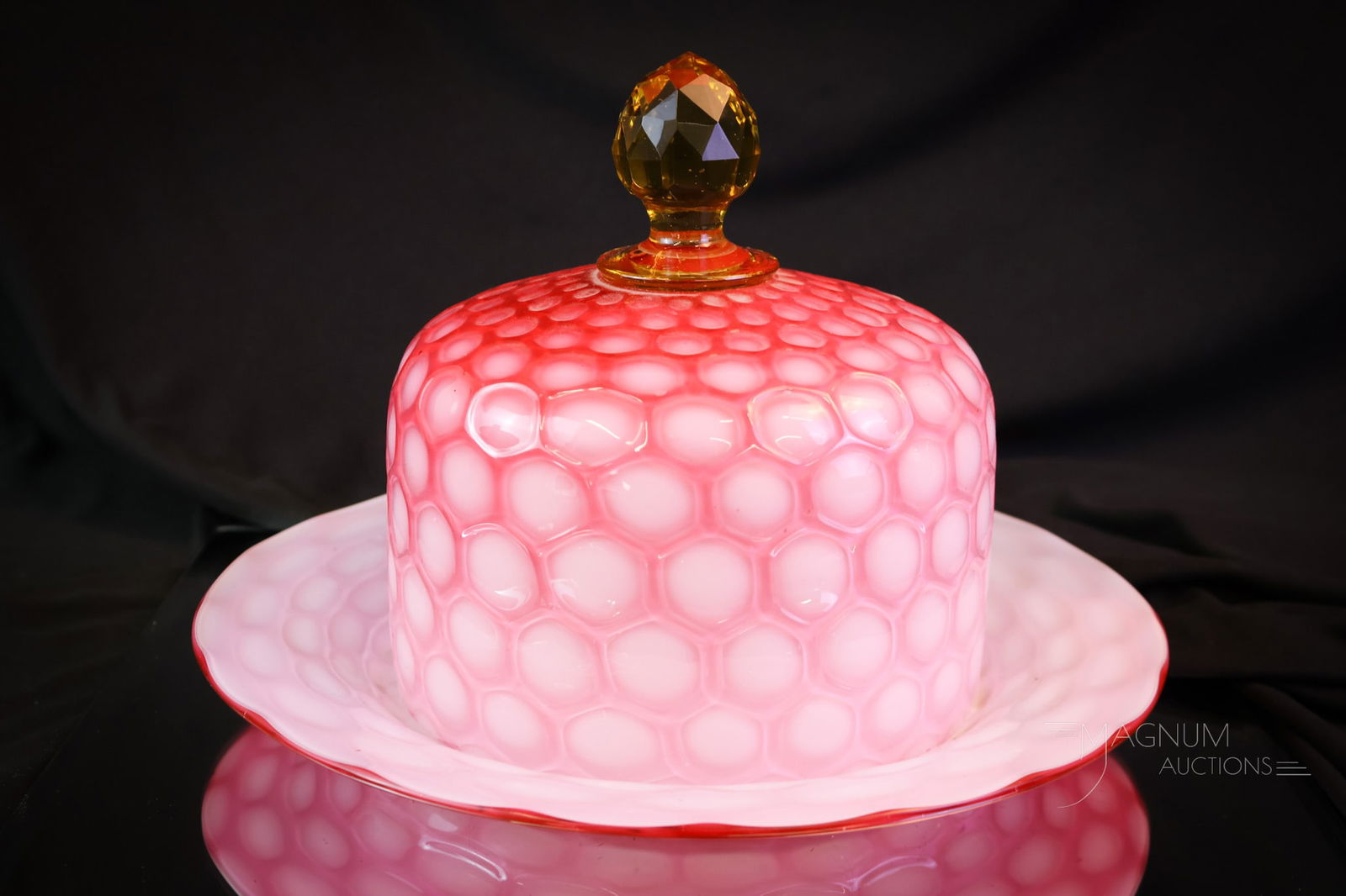 Rare Large Phoenix Honeycomb Pink Cased Victorian Cheese Dome: A rare find in Victorian Pink Honeycomb glass. This is a covered cheese dome in the Phoenix Pink Cased Honeycomb pattern. This super example has extraordinary coloring and a pronounced pattern. It mea