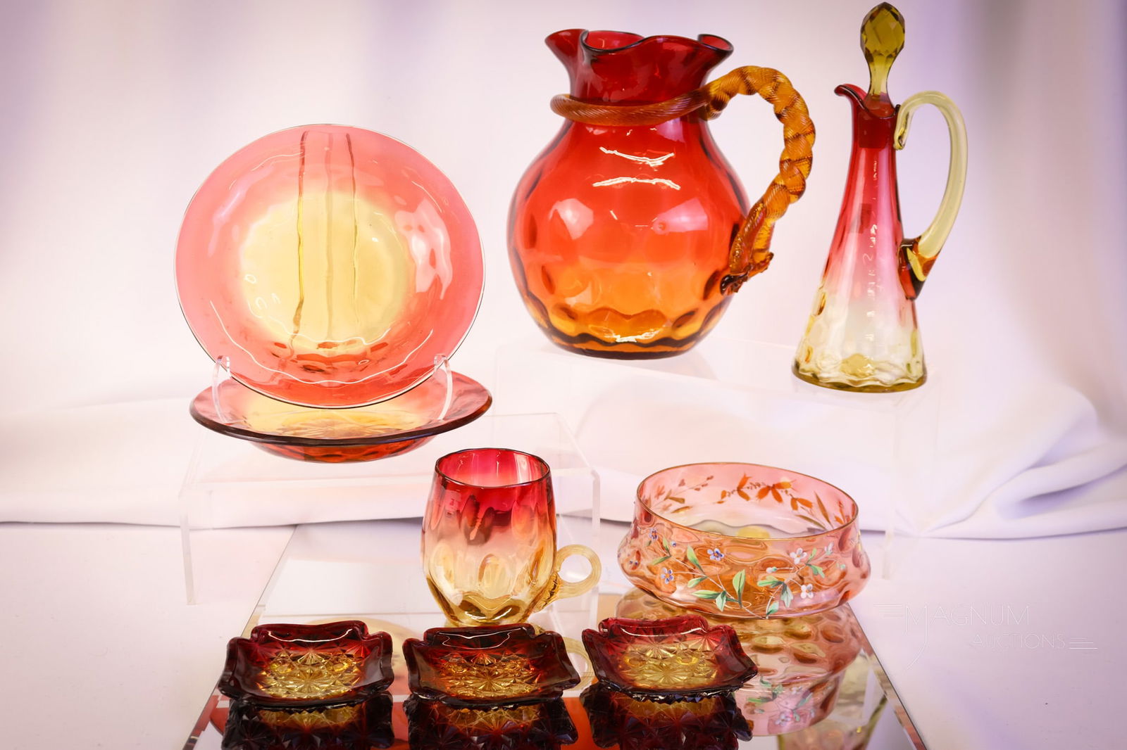 6 pc Lot "The Power of Luv in Amberina" Glass: Six great examples of the power of love amberina glass has over people. This lot includes a water pitcher with a rope handle, a tee-pee cruet, a punch cup, an enamel decorated finger bowl, two small p