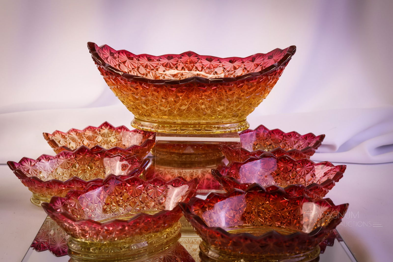 Hobbs Daisy & Button Victorian Amberina Glass Berry Set: This fine offering has excellent coloring and form. Always a delight to find this glass. The Set is by Hobbs and features a large oval master berry bowl and seven small berry bowls. The tallest measur