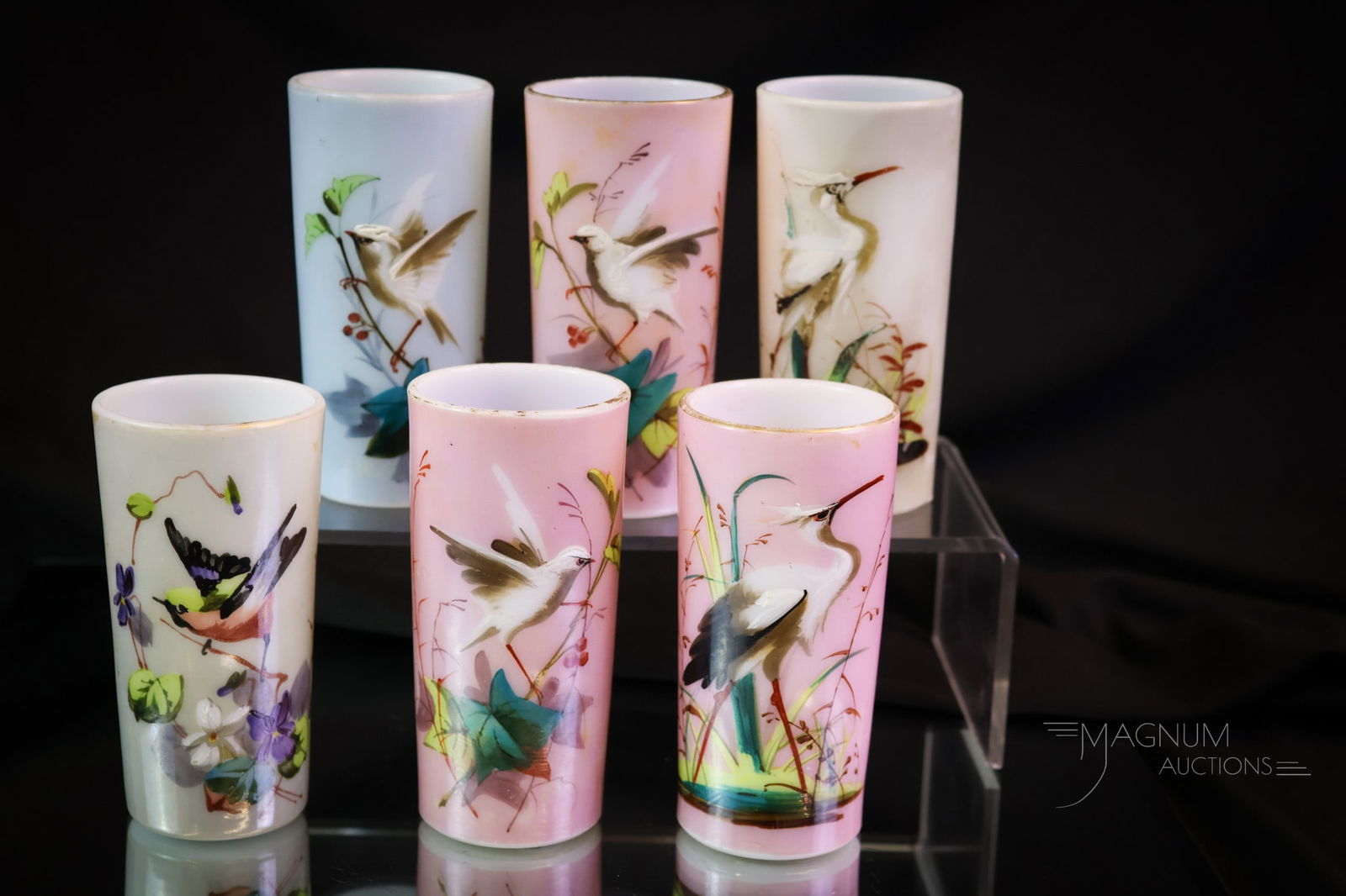 6 pc Lot Smith Bros Victorian Cylinder Glass Vases: Six Smith Bros. Victorian glass cylinder vases. Four are decorated with birds, two with cranes. The tallest measures 4 3/8". Provenance: This item is from the private collection of Bill & Betty Strom