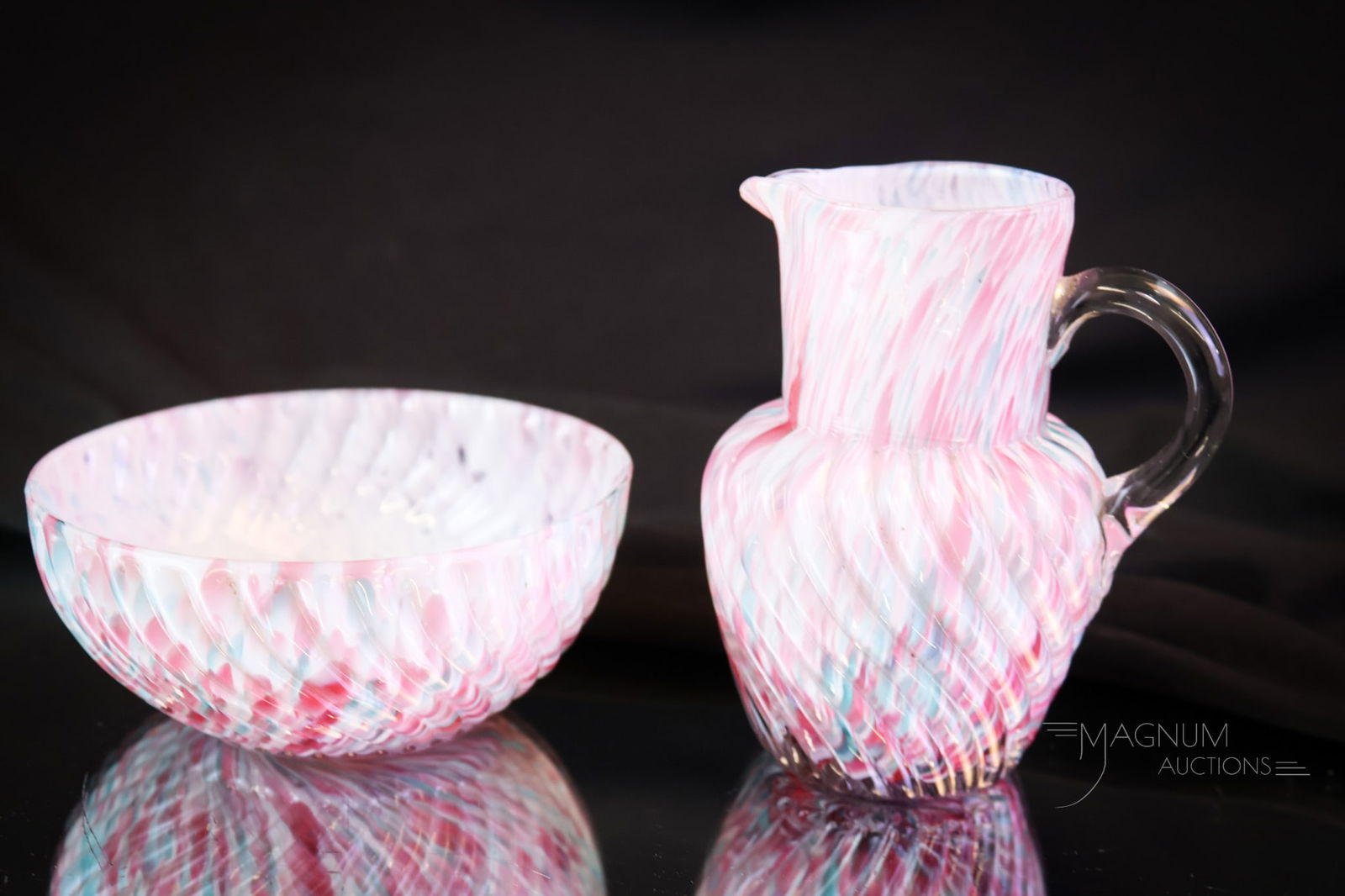 Victorian Pink & Blue Spatter Glass Child's Wash Set: A charming Victorian pink, white, and blue spatter glass child's wash set. This sweet little set measures only 4" tall. SHIPPING NOTICE: If you choose not to utilize the LiveAuctioneers LiveShip progr