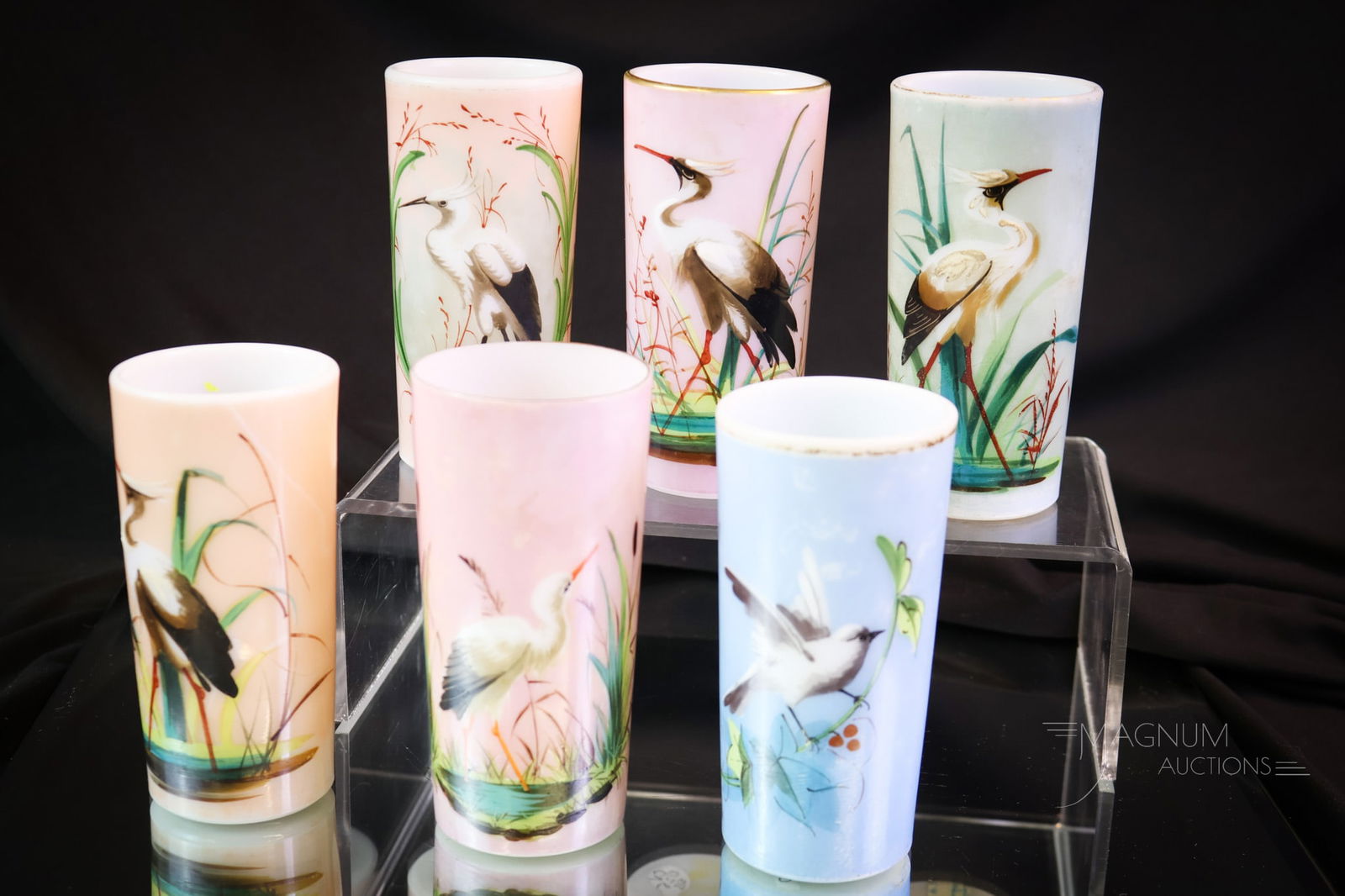 6 pc Smith Bros. Victorian Glass Cylinder Stork Vases: A nice assortment of Victorian Glass Smith Bros. cylinder vases. Each is decorated with a stork. Well, one is a bird and not a stork. Just to be clear. The tallest measures 4 1/2". SHIPPING NOTICE: If