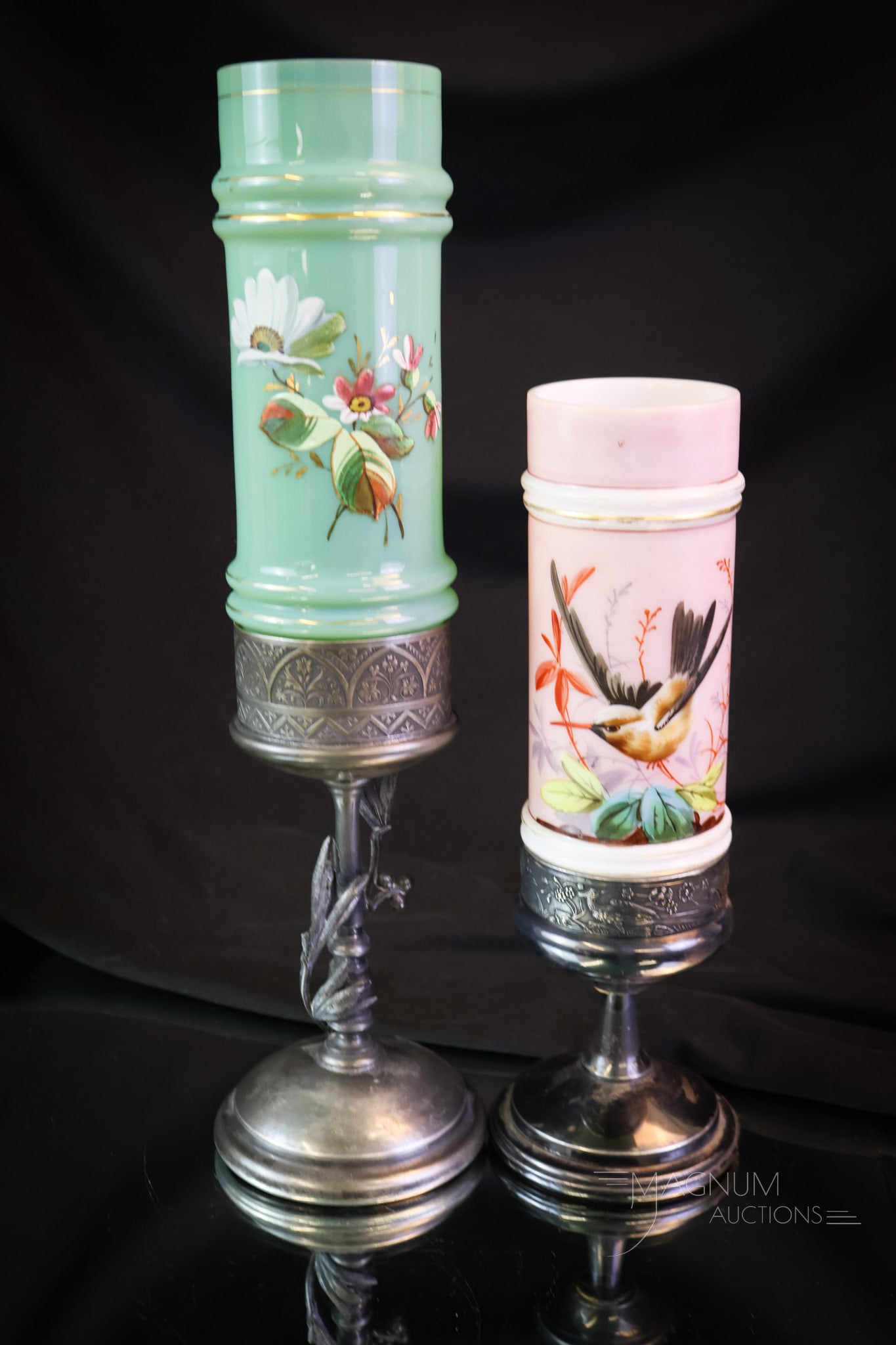 Pair of Smith Bros. Victorian Glass & Silverplate Vases + Uranium: Two nice finds in Victorian silverplate and Smith Bros. glass vases. Each is a little different. The first is a Meriden pedestal holder with a vase decorated in pink with a bird. The second is an unma