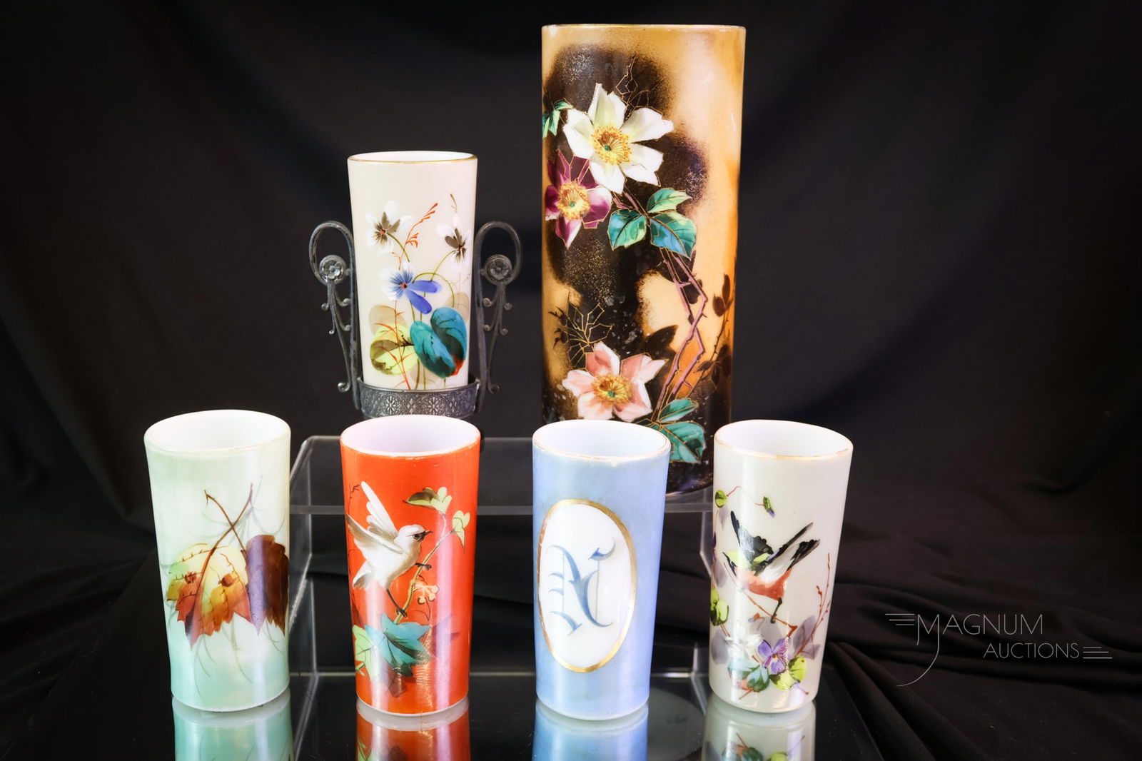 6 pc Lot Smith Bros. Victorian Glass Cylinder Vases & Silverplate: Six fine offerings are found in this plentiful lot of Smith Bros. cylinder vases. The tallest measures 8". One vase in a signed Simpson hall Miller silverplate holder. SHIPPING NOTICE: If you choose n