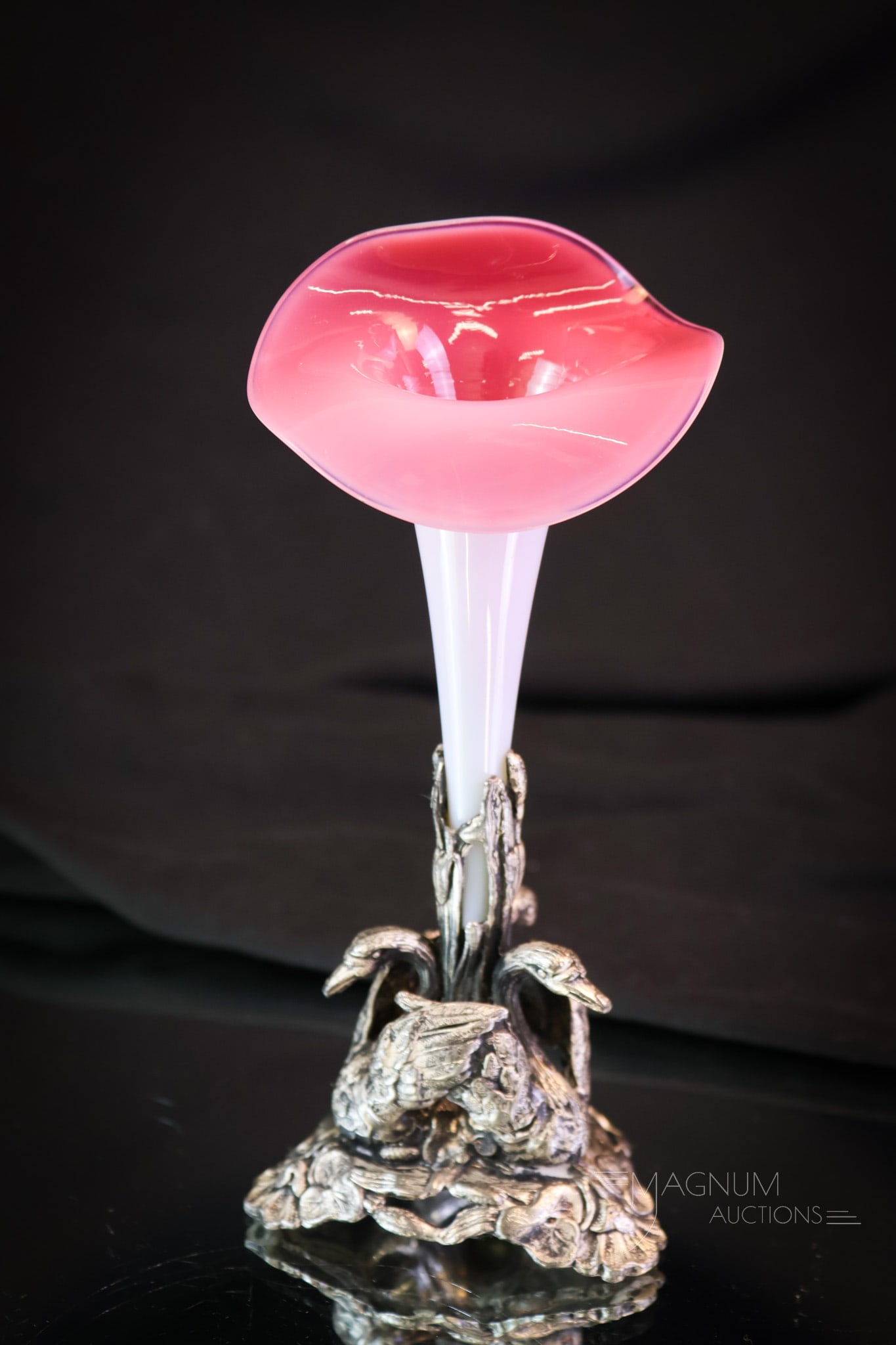 Figural Silverplate Swan Art Glass Miniature Peachblow Lily Vase (1 of 6)