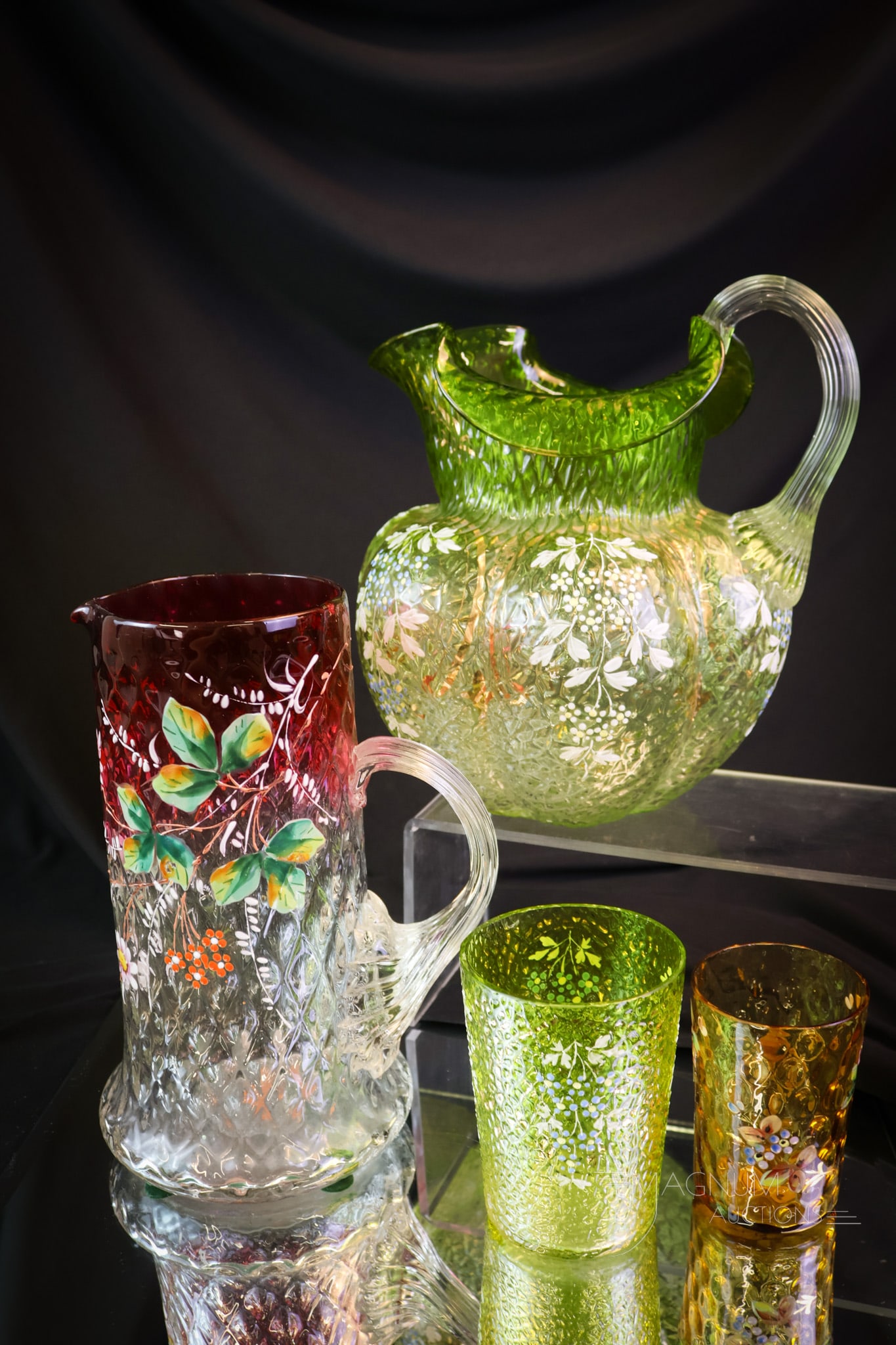 4 pc Lot of Enameled Victorian Glass Pitchers & Tumblers (1 of 10)