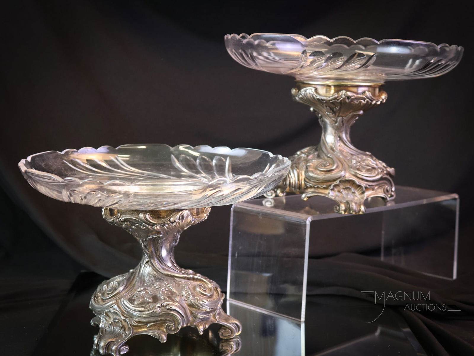 Pair Silverplate Pedestal Glass Rococo Tazzas (1 of 12)