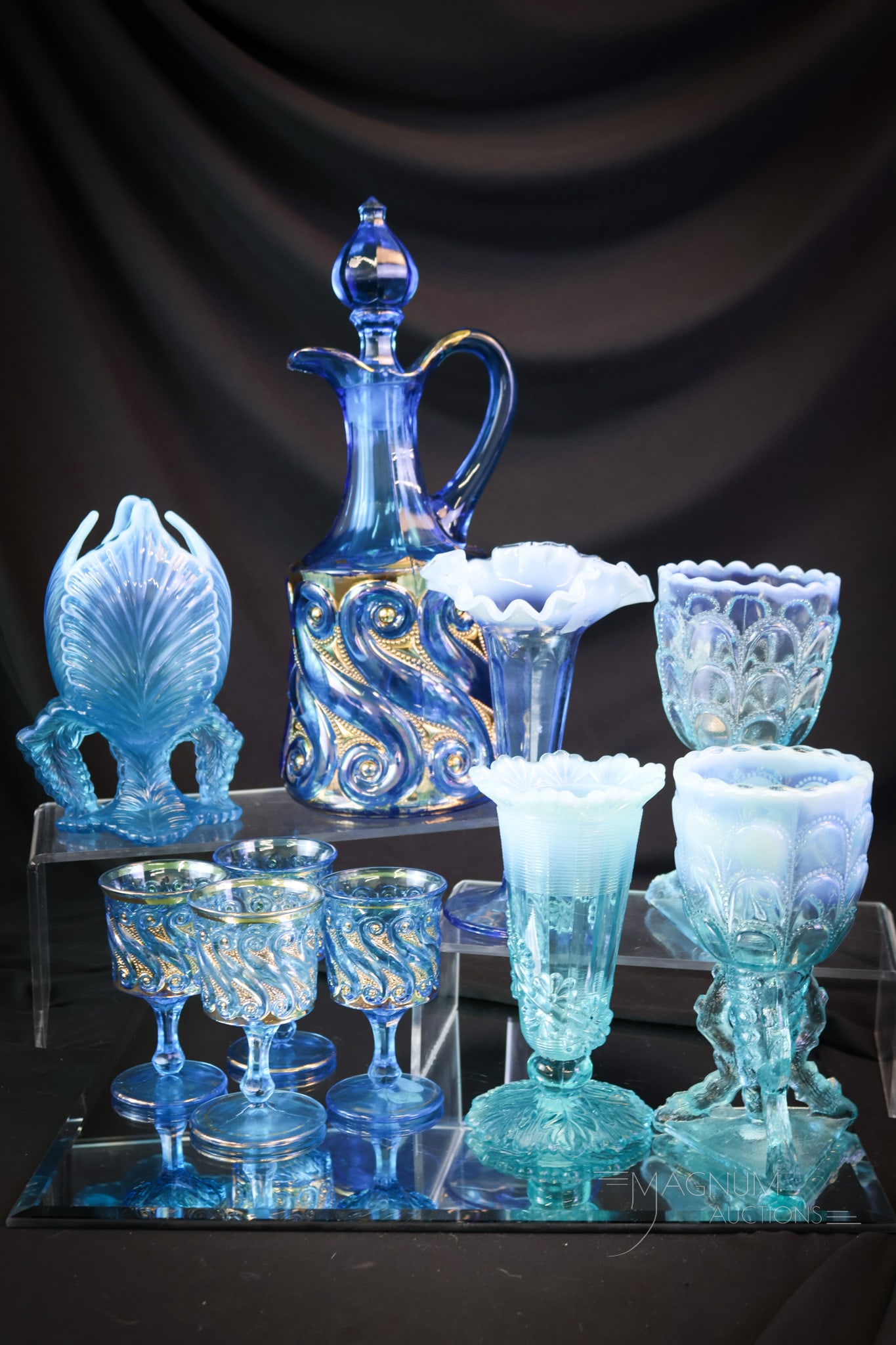 9 pc Lot Dugan & Opalescent Blue Glass (1 of 9)