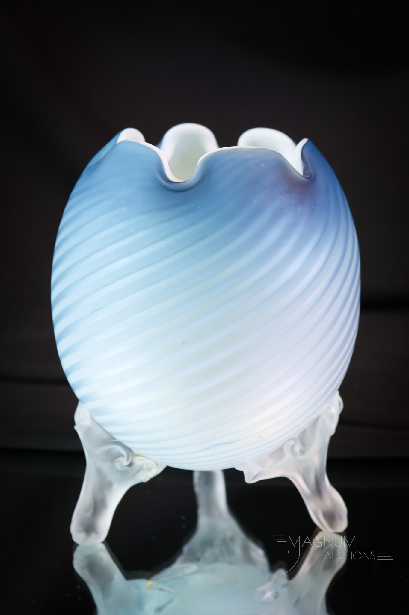 Victorian Footed Mother of Pearl Satin Glass Rose Bowl: Here's a wonderful Victorian blue satin mother-of-pearl footed rose bowl. This piece is in blue satin and in a Swirl pattern. The rose bowl measures 5 1/4" tall and 4" wide. SHIPPING NOTICE: If you ch