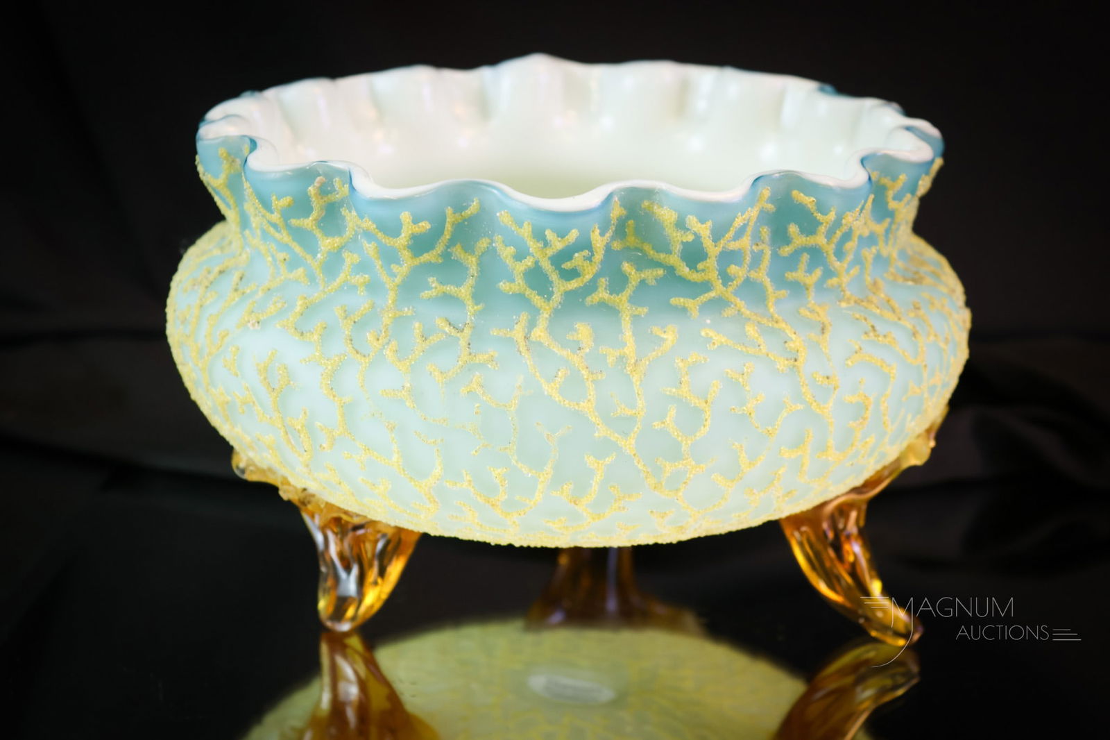 Victorian Coralene Uranium Art Glass Aqua 8" Footed Bowl (1 of 6)