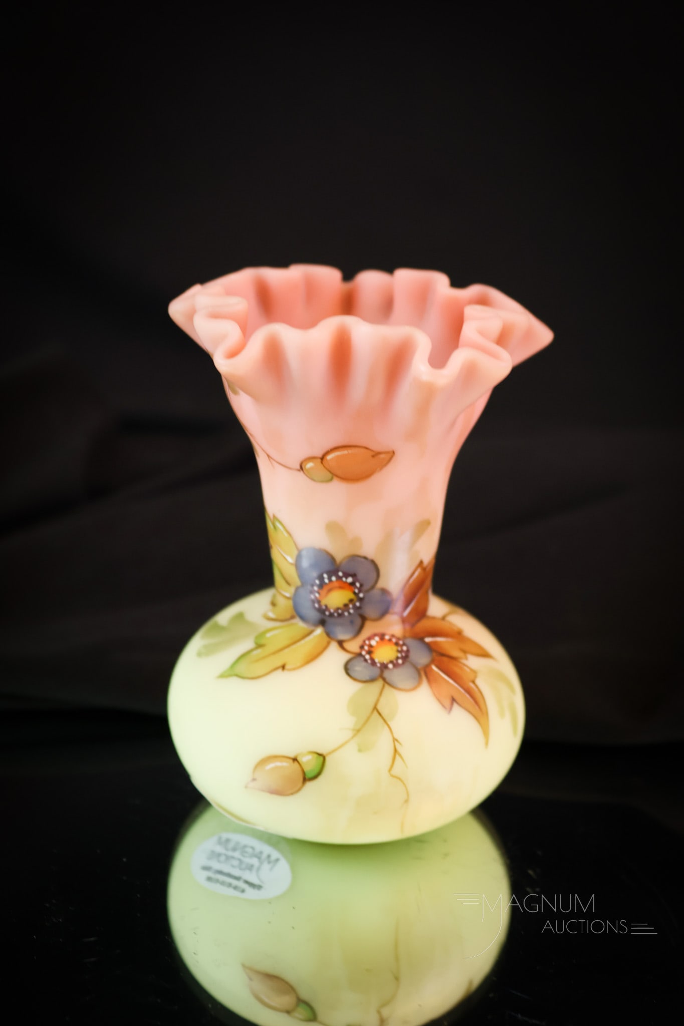 Webb Burmese Victorian Art Glass Uranium Cabinet Vase: A little gem that you sure have room for. This Webb art glass cabinet vase glows brightly with its uranium content. It measures only 3 3/4" tall. The vase is decorated with Hawthorne flowers and folia