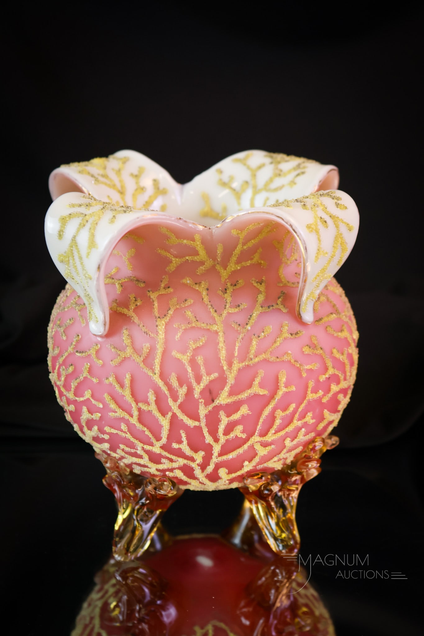 Victorian Uranium Art Glass Coralene Peachblow Vase: A piece with beautiful form and coloring. This piece is a gem from the Victorianera. The vase is rich in uranium and glows brightly under black light. The vase features four folded ears and applied fe