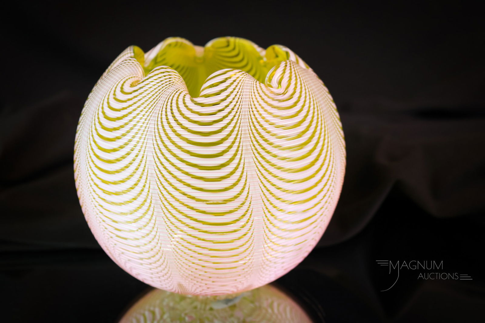 Citron Nailsea Victorian Threaded Art Glass Rose Bowl: A fabulous find for your collection. This is a threaded citron glass Nailsea pattern rose bowl. The piece sits on an applied foot base. A rare find in art glass! This rose bowl measures 4" tall and 4