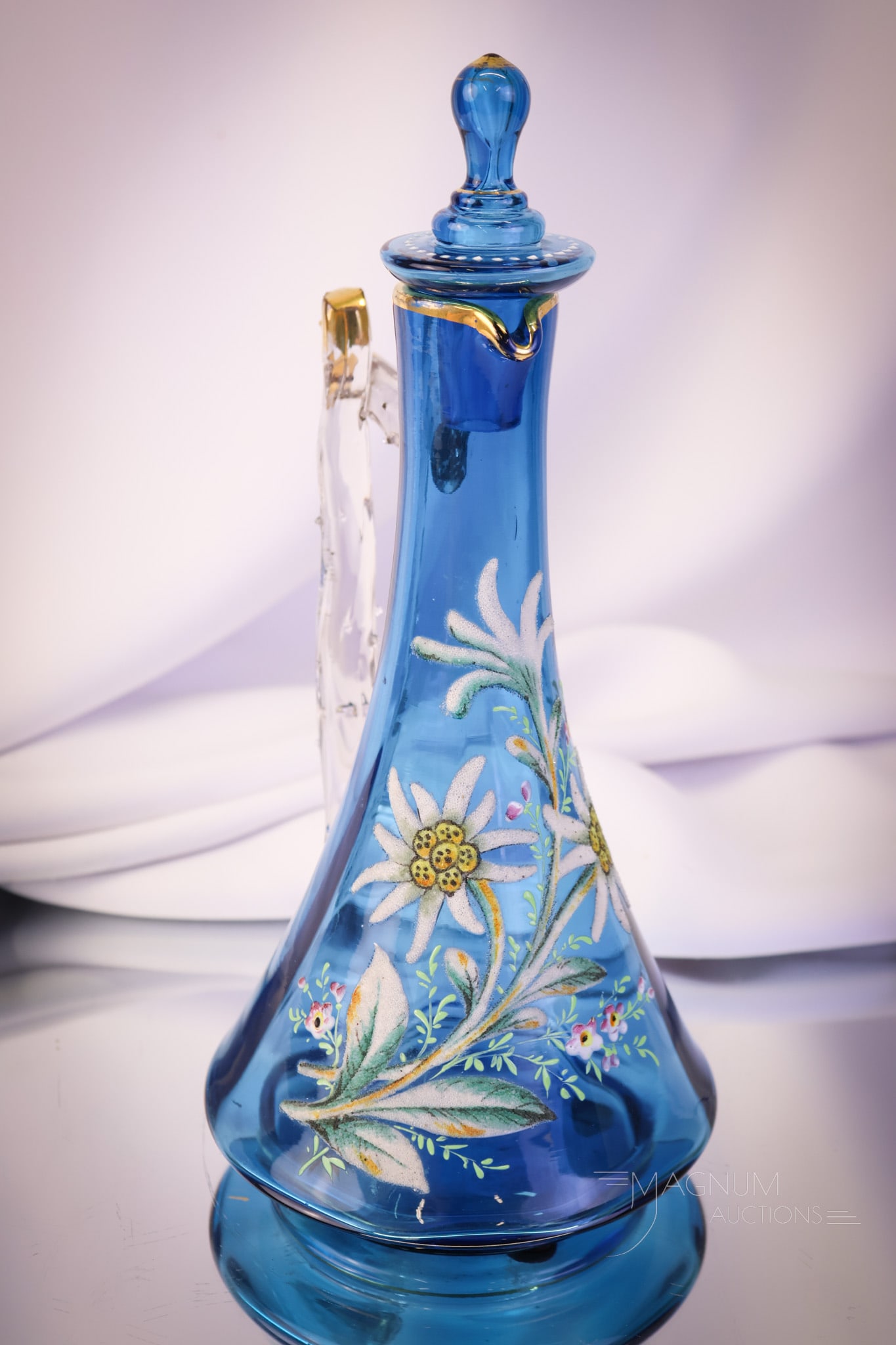 Celestial Blue Victorian Coralene Art Glass Claret Decanter: A gorgeous find for your art glass collection. This is a claret decanter in wonderful celestial blue. This piece has an applied branch handle and comes complete with its original tiny top lid. The pie