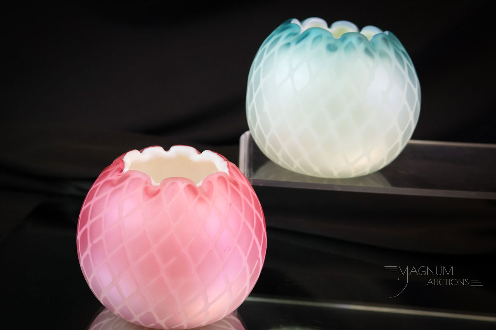 2 pc Lot Victorian Mother of Pearl Satin Glass Rose Bowls (1 of 9)