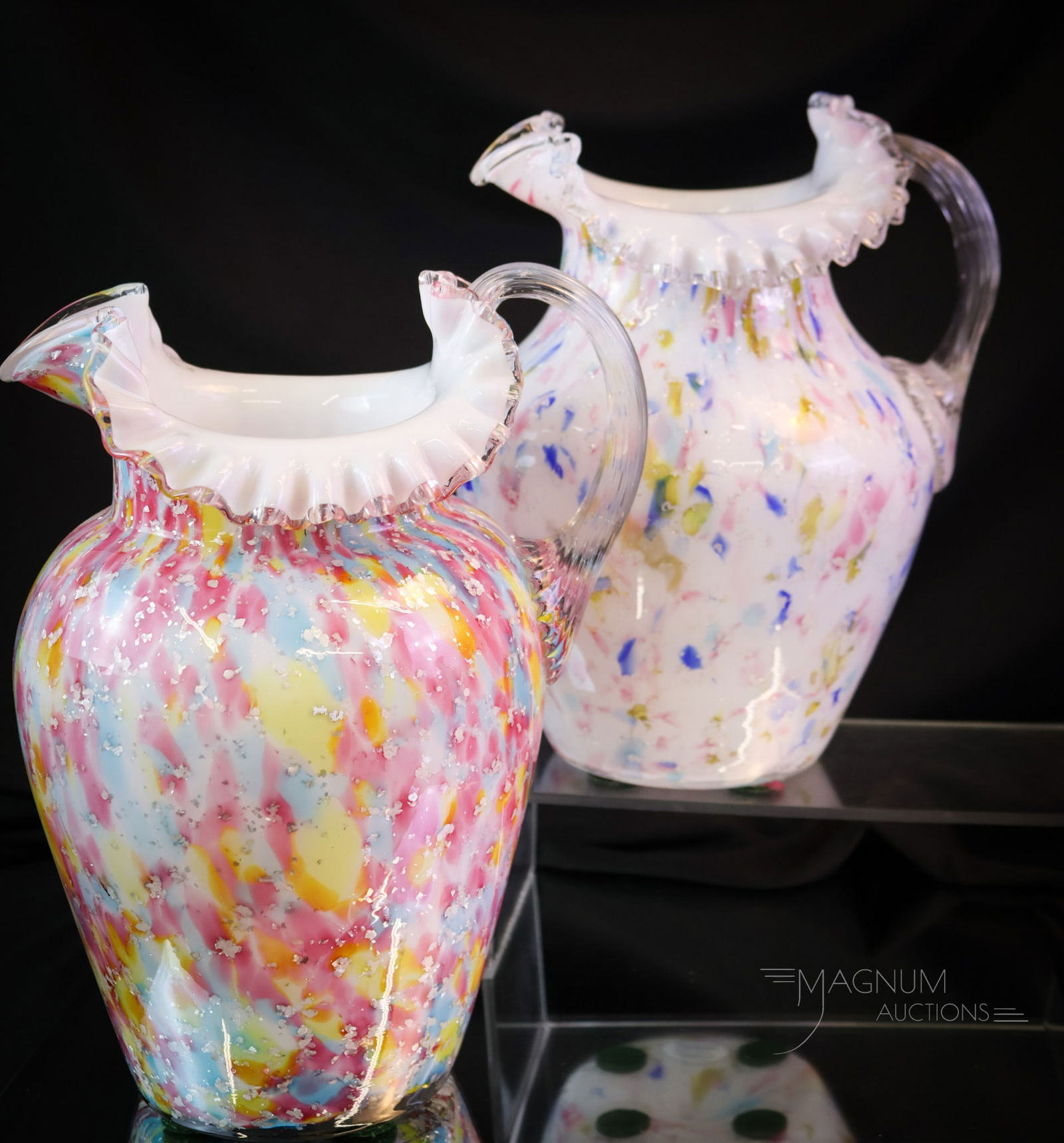 2 pc Lot Rainbow Spatter Victorian Vasa Murrhina Water Pitchers (1 of 10)