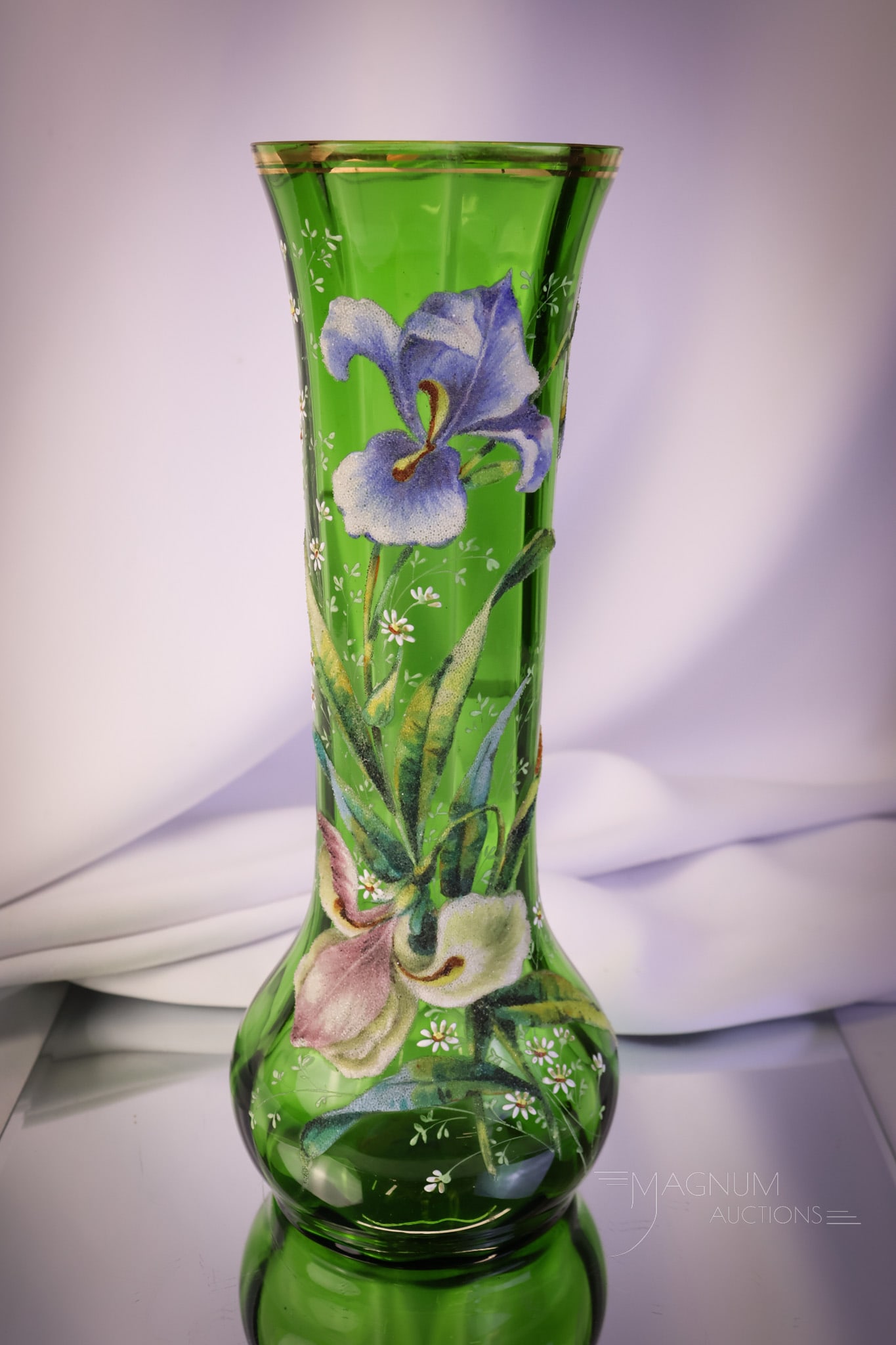 Rare Victorian Coralene Iris Enameled Art Glass Vase: A rare find in Victorian art glass. This is a tall corset-shaped vase in rich green. The vase is enameled and coralene decorated with iris flowers and foliage in two colors. This super example measure