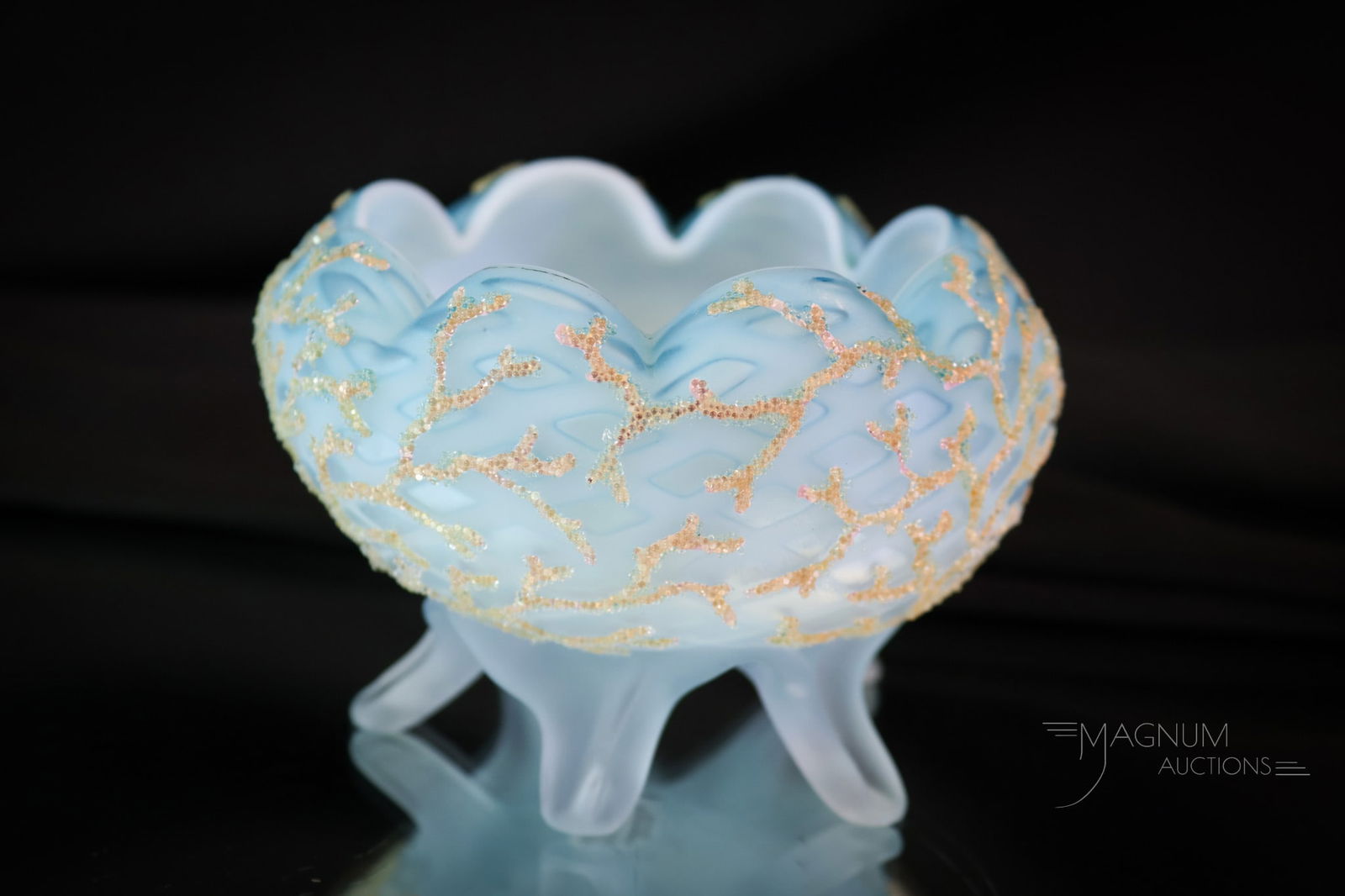 Victorian Blue Mother of Pearl Coralene Glass Rose Bowl: A lovely find in our Victorian glass auction. This is a footed rosebowl in blue diamond-quilt mother-of-pearl satin glass. The piece is decorated with coralene seaweed. The piece measures 2 1/2" tall