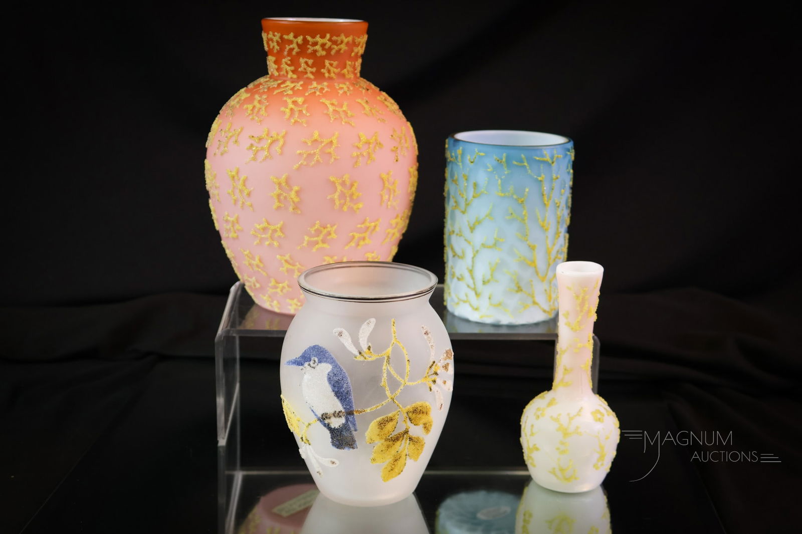 4 pc Lot Victorian Coralene Satin Art Glass: Four nice finds in Victorian coralene decorated satin art glass. This lot offers an array of forms, colors, and decorations. The tallest measures 6 1/2". The tumbler is mother-of-pearl glass. Losses n