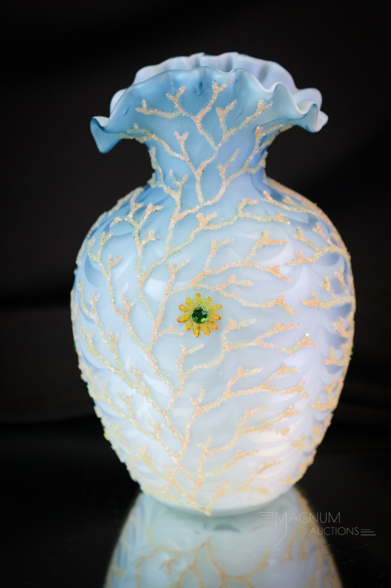 Victorian Blue Satin Mother of Pearl Coralene Glass Vase: A wonderful piece of Victorian mother-of-pearl art glass. This vase is in a drapery pattern with a seaweed pattern of coralene and jeweled yellow flowers. The vse measures 5 1/2" tall. SHIPPING NOTICE