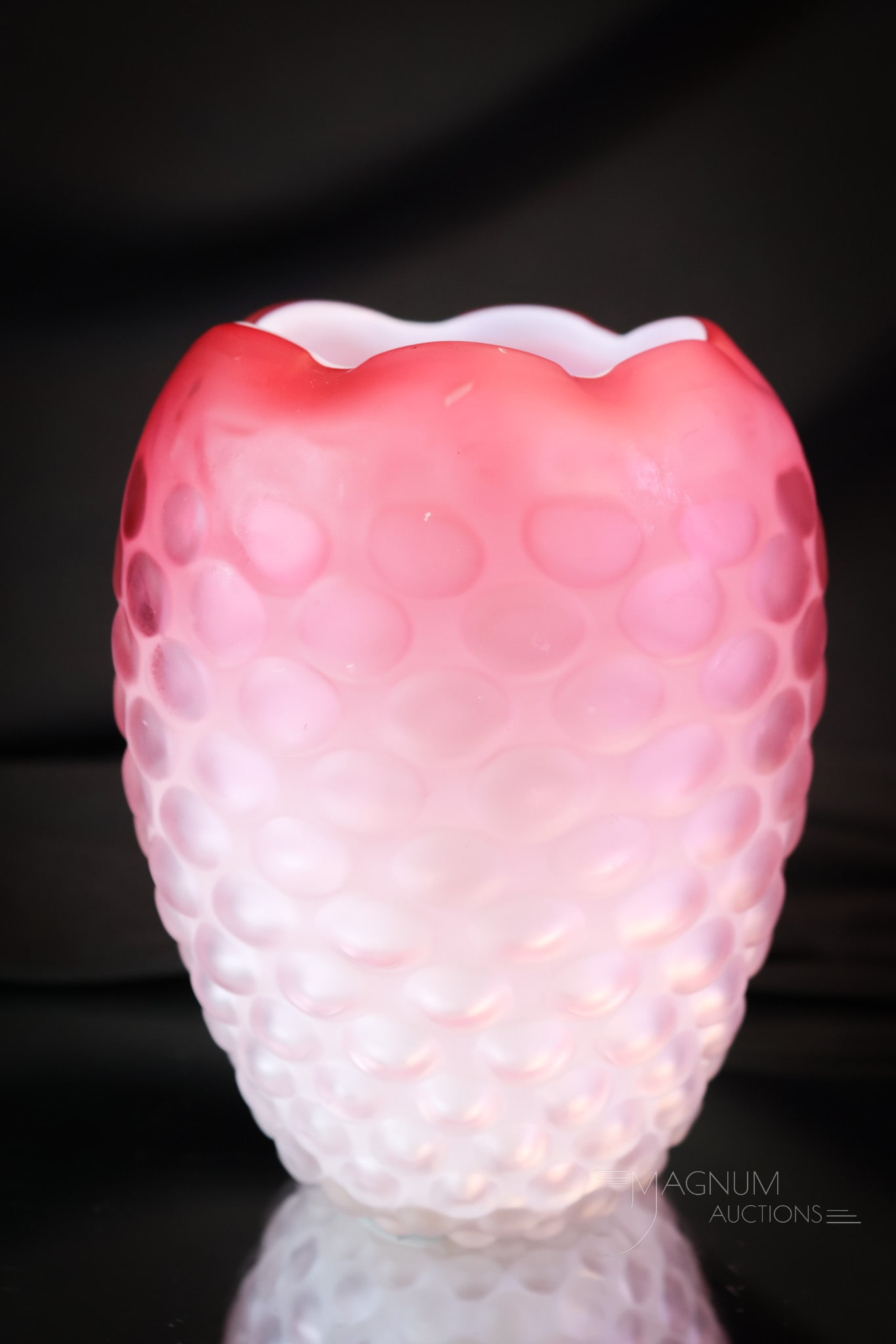 Victorian Hobnail Mother of Pearl Satin Glass Vase: A fine example of a Victorian Hobnail pattern mother-of-pearl satin glass vase. This vase is in a pretty pink color. The vase measures 5 1/2" tall. SHIPPING NOTICE: If you choose not to utilize the Li