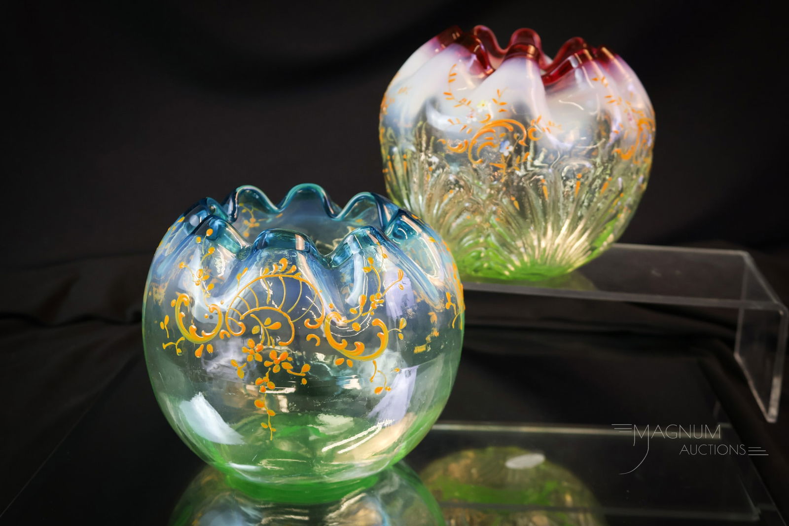 2 pc Lot Rare Victorian Vaseline Uranium Art Glass Enameled Rose Bowls: Two great finds in Victorian uranium-rich vaseline opalescent glass rose bowls. The first is a very rare Shell & Seaweed example with a cranberry opal rim. The second is a vaseline example with a blue