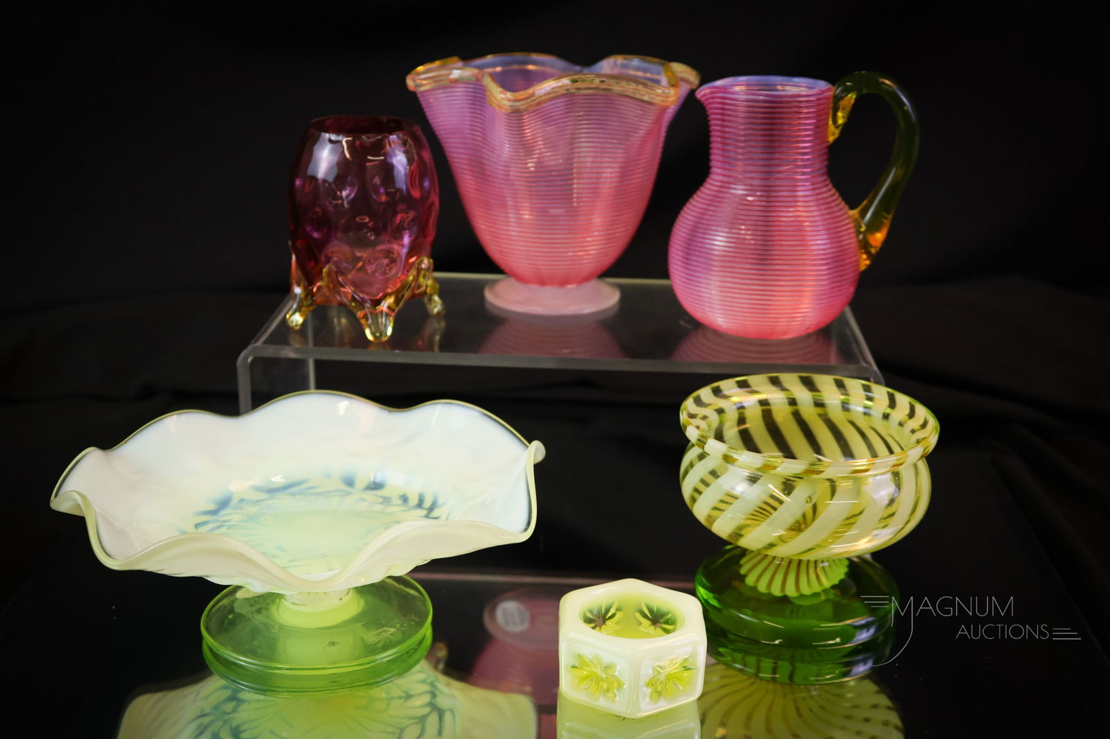 6 pc Lot "Spendor in Uranium Art Glass": Six finds to make the Vasie or the Uranie in your life smile. This lot offers shining uranium-rich pieces that will brighten any day. The first is an opalescent creamer and sugar with applied pink thr