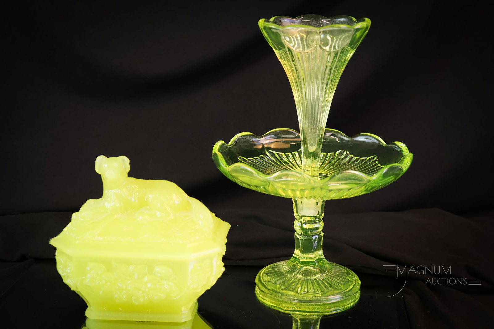 2 pc Lot Portieaux Vallerysthall Uranium Glass: Two distinct finds in uranium-rich Portieux Vallerysthall glass. This lot offers a single horn epergne and an opaque yellow-covered dog dish. Both pieces are rich in uranium content and glow brightly.