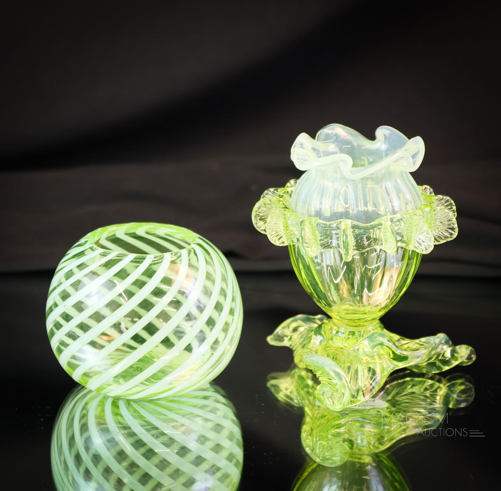 2 pc Lot Vaseline Opalescent Uranium Glass Cabinet Vase Mini Rose Bowl: Two nice finds in uranium-rich Victorian glass cabinet vases. The first is a footed posey vase with applied rigaree and feet. The second is a miniature rose bowl in a swirl pattern. This lot glows bri