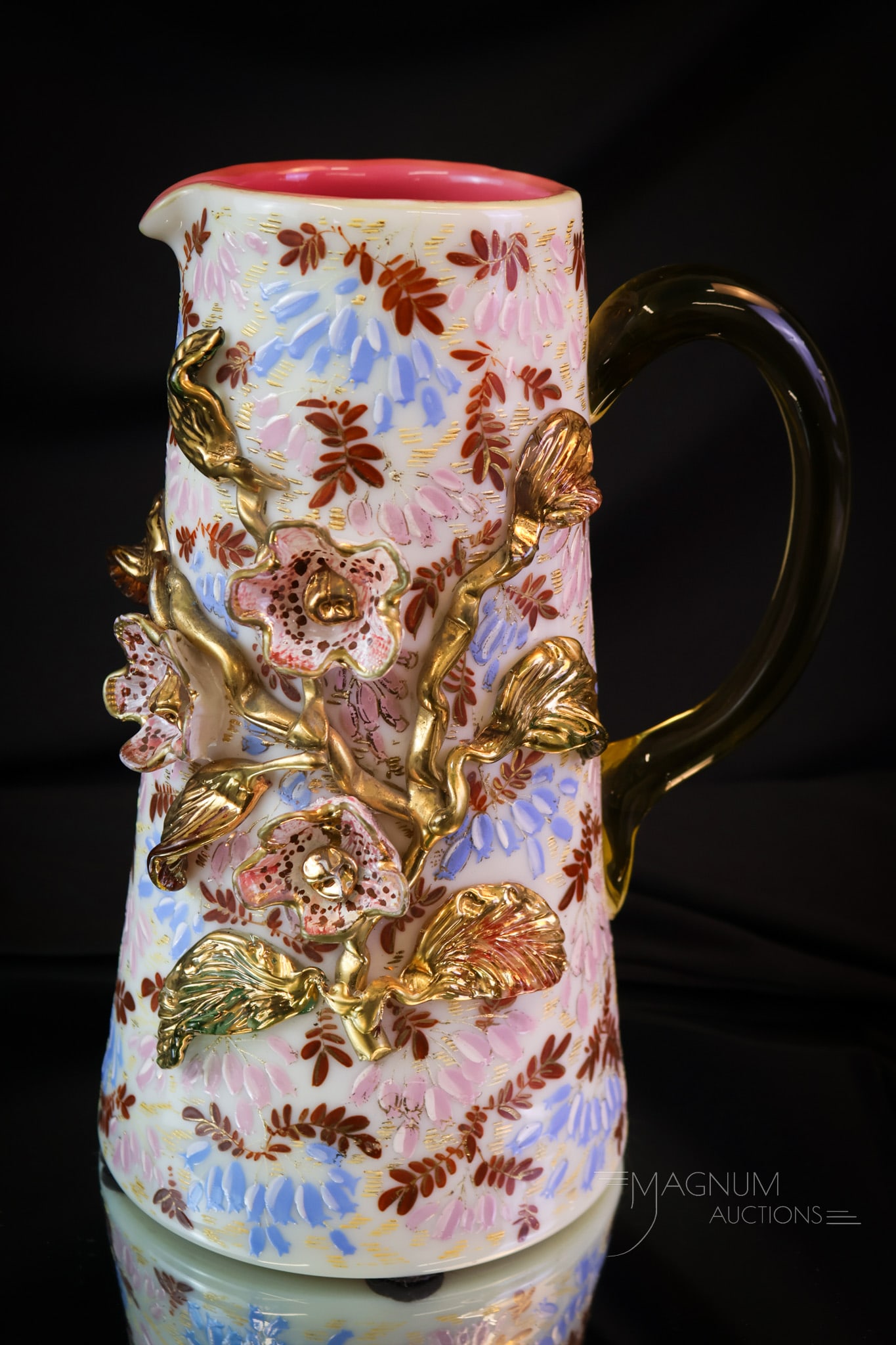 Victorain Uranioum Applied Enameled Gilt Art Glass Tankard Water Pitcher: A rare and unusual find in a Victorian tankard art glass water pitcher. This super example glows brightly under black light with its uranium content. The pitcher is heavily decorated with applied flow
