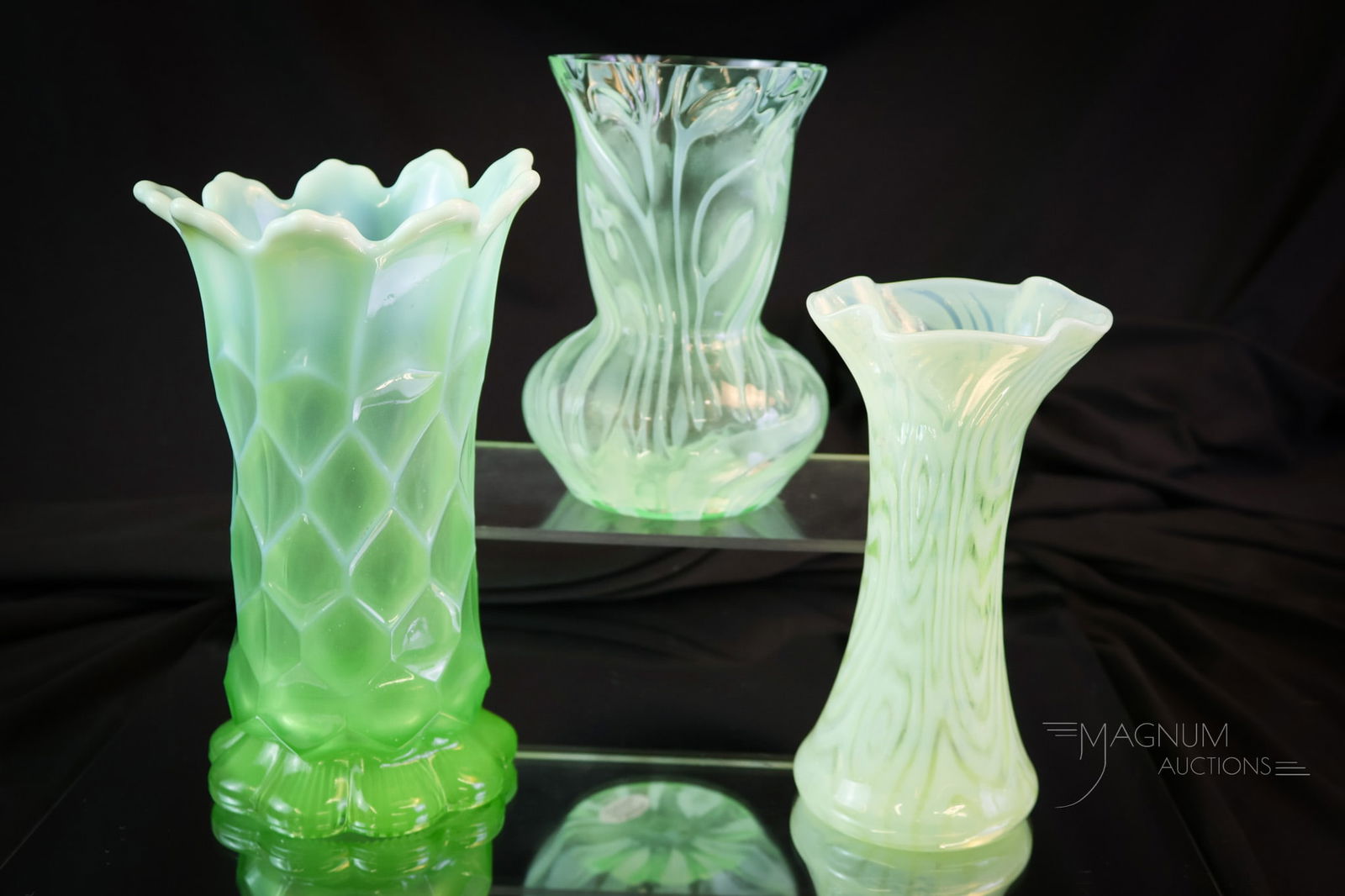 3 pc Lot Green Opalescent Uranium Glass Vases: Three green opalescent uranium-rich glass vases. One in the Honeycomb pattern. One in Crocus design. The last is called Mystic Maze. The tallest measures 7". SHIPPING NOTICE: If you choose not to util