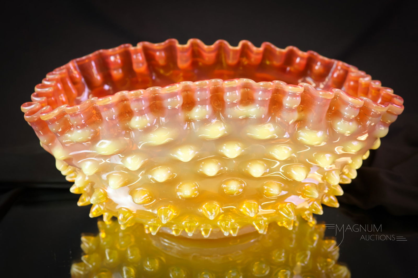 Coral Butterscotch Opalescent Uranium Glass Hobnail Victorian Brides Bowl: A beautiful, uranium-rich Victorian glass, coral butterscotch color, opalescent Hobnail pattern brides bowl. This lovely piece has fiery opalescence. The bowl measures 5" tall, 10" wide, and has a 4"