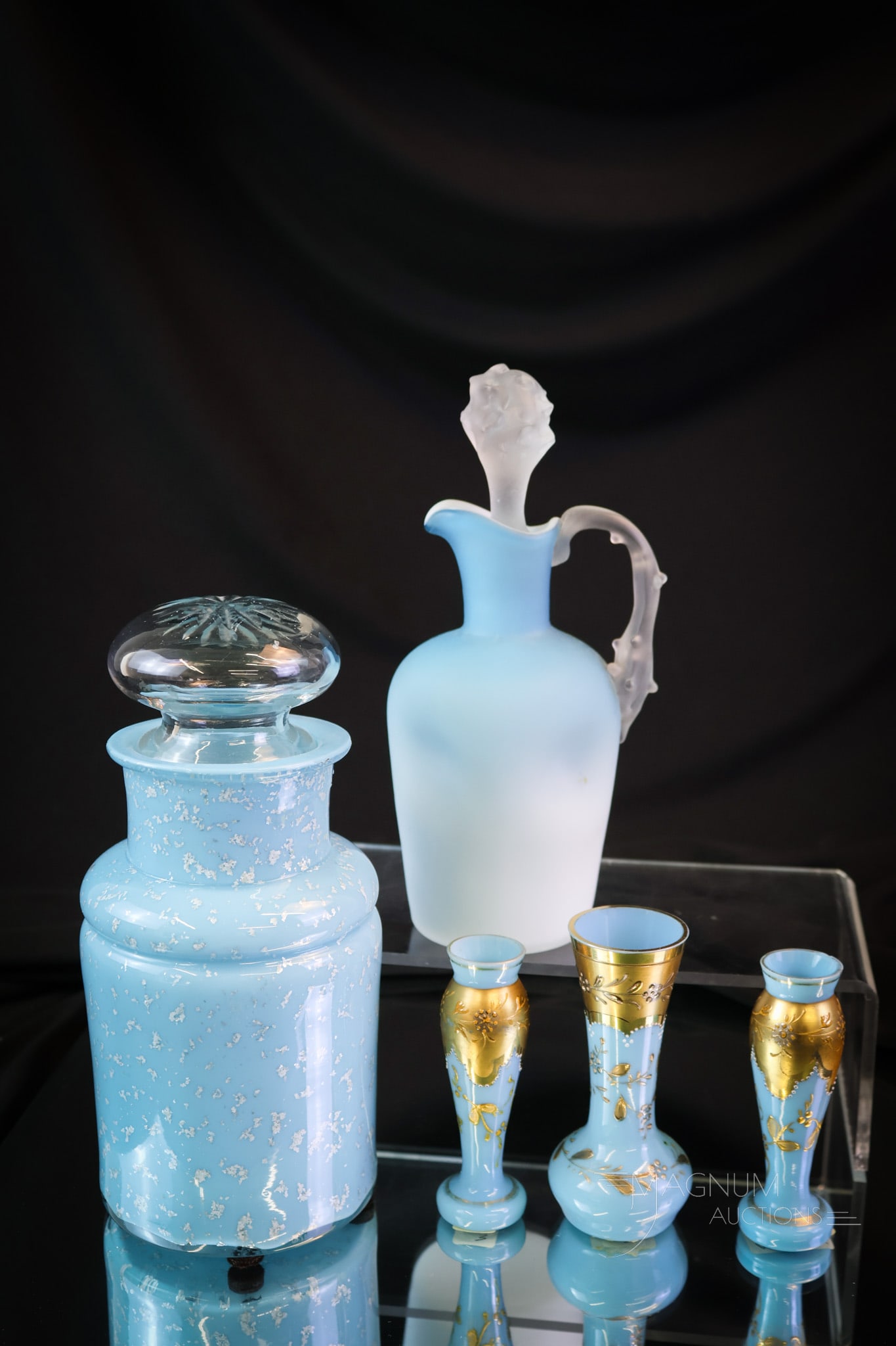 5 pc Lot Victorian Blue Art Glass Spangle Moser Opaline Cruet: Five nice finds in Victorian blue art glass. This lot includes a Vasa Murrhina spangle glass apothecary jar. A thorn handle cruet in blue satin with a matching thorn stopper. There are also three blue