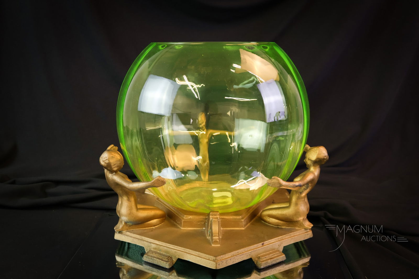Rare Frankart signed Art Deco Vaseline Uranium Glass Gillinder & Bennet Fish Bowl: A very rare find in an Art Deco Fish bowl. This is a marked Gillinder & Bennet. The Holder is a signed Frankart original piece. So incredibly rare! This fantastic find would be a prized piece in any A