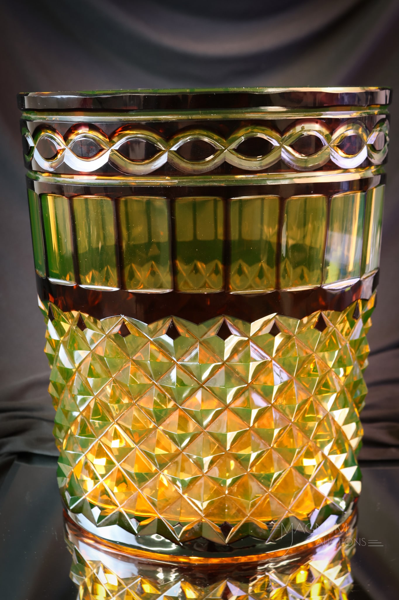 Rare Moser Karlsbad Uranium Vaseline Raisin Cut Overlay Glass Cache Pot: A rare find in a signed Moser Karlsbad cut overlay cache pot. This super piece lights up under black light! Its very misleading and you wouldn't suspect it. This gorgeous piece is a raisin color cut b