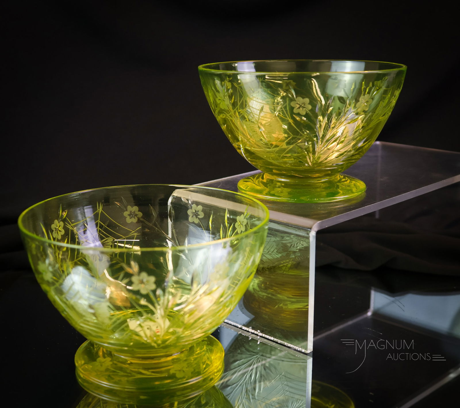 2 pc Lot Pairpoint Vaseline Uranium Cut Glass Colias Finger Bowls: Two desirable finds in Pairpoint vaseline uranium Colias pattern cut glass. This is a two-piece lot that you won't want to miss. Each measures 2 1/2" tall, and each light up under black light. SHIPPIN