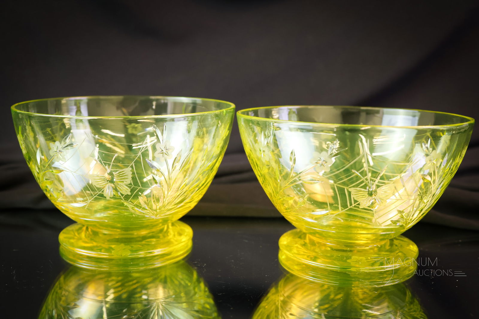 2 pc Lot Pairpoint Cut Vaseline Uranium Glass Colias Finger Bowls: Two wonderful examples of Pairpoint cut vaseline uranium-rich Colias pattern finger bowls. Each is a great example. Each measures 2 1/2" tall. SHIPPING NOTICE: If you choose not to utilize the LiveAuc