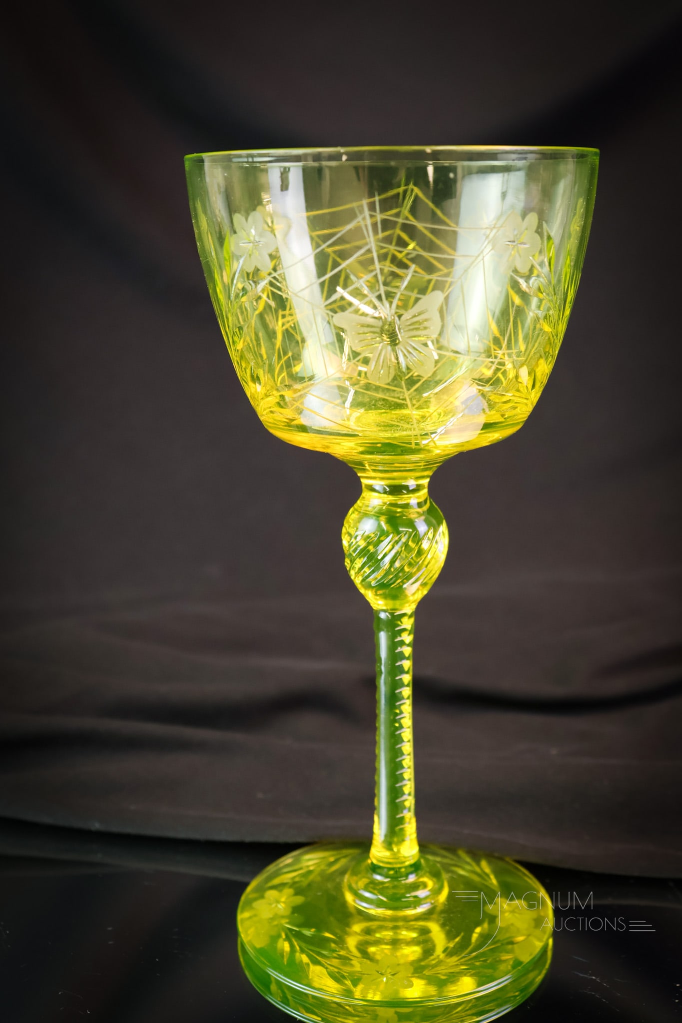 Pairpoint Cut Vaseline Uranium Colias Glass Cocktail Stem (1 of 6)