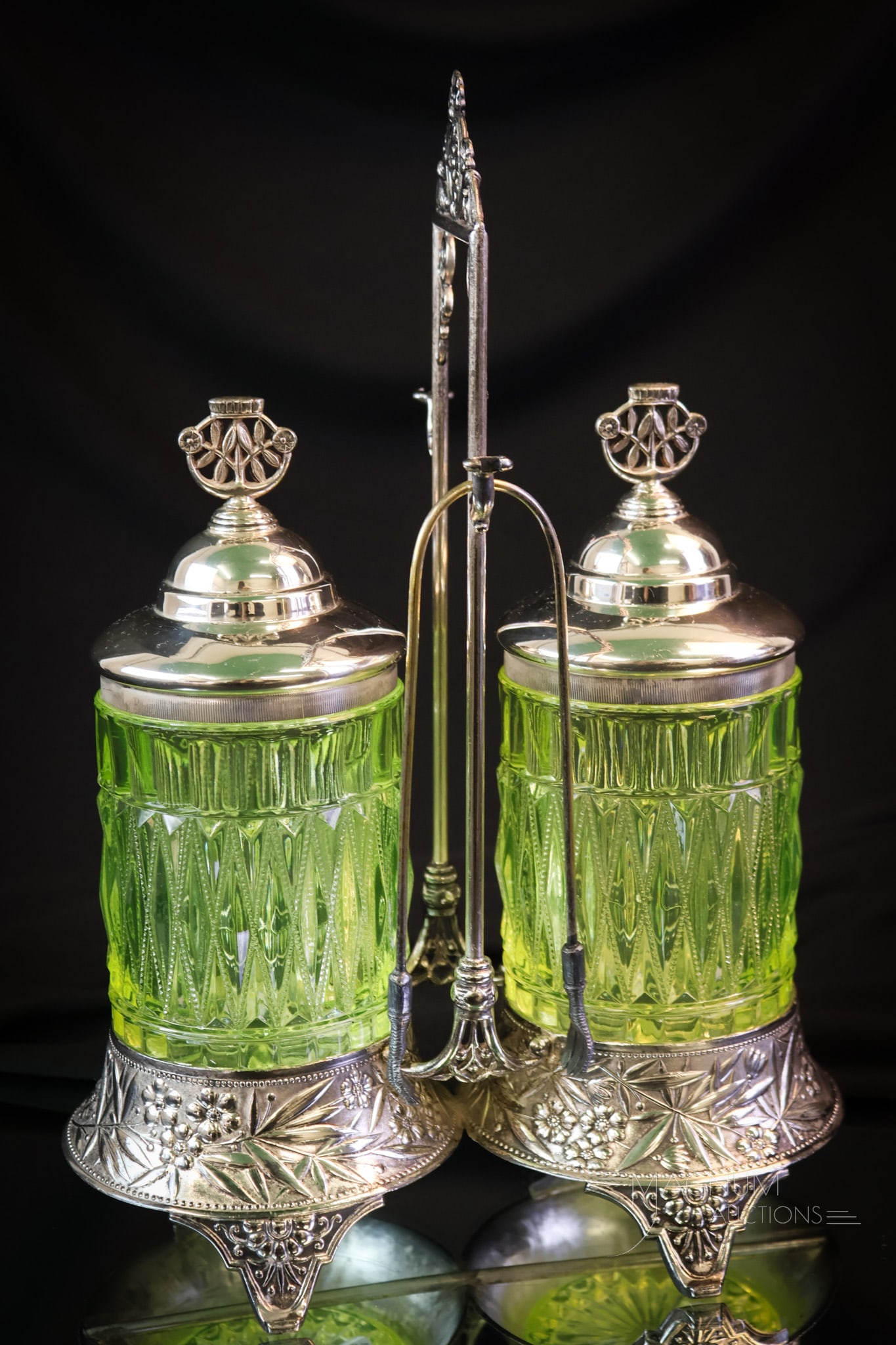 Rare Victorian Double Vaseline Uranium Glass Silverplate Pickle Castor (1 of 9)