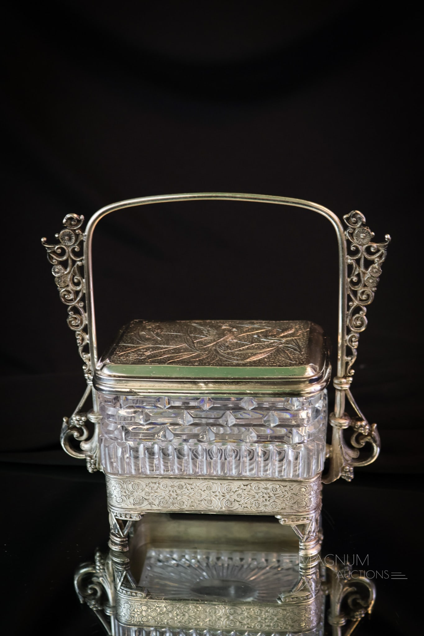 Rogers Silverplate & Glass Victorian Jewel casket: A quintessentially Victorian piece for your collection. This signed Rogers silverplate and crystal glass jewel casket is just the piece for your dressing vanity. This super example measures 6 3/4" tal