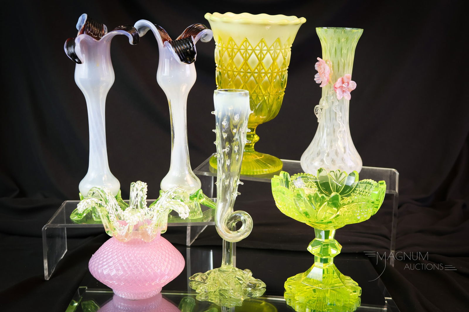 7 pc Lot Vaseline Uranium "Apologies in Glass": A generous offering of seven pieces of uranium-rich vaseline glass with apologies. Not severe, but they are there. This lot combines beautiful items with little unmentionables when you display them on