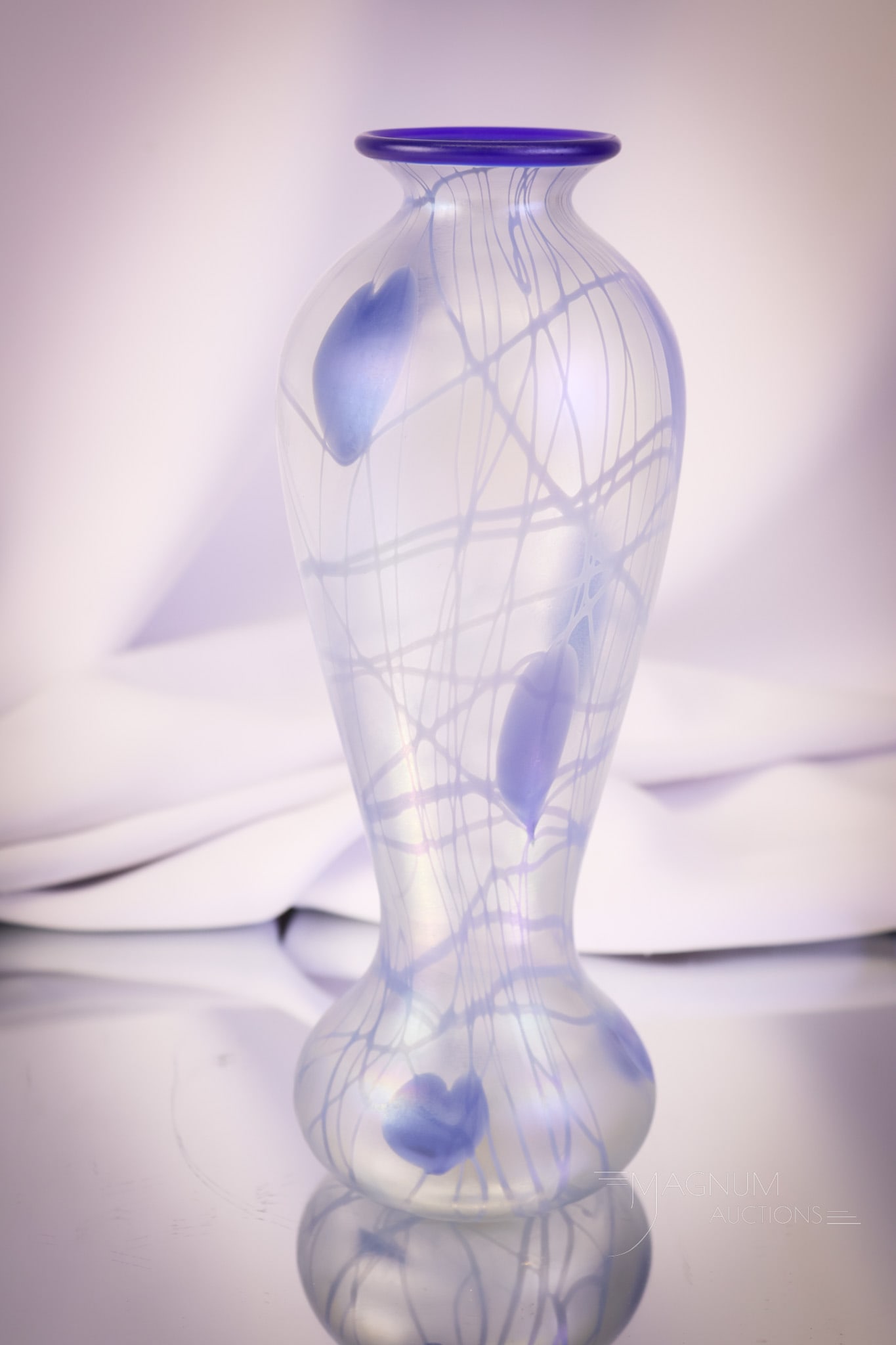 Rare Plate Piece Imperial Freehand Art Glass Heart & Vine Vase: This is the plate piece from the Imperial Freehand Art Glass reference book by Alabanese/Scialdone, page 34. This vase has a rare color combination of a clear iridescent vase with blue heart and vine