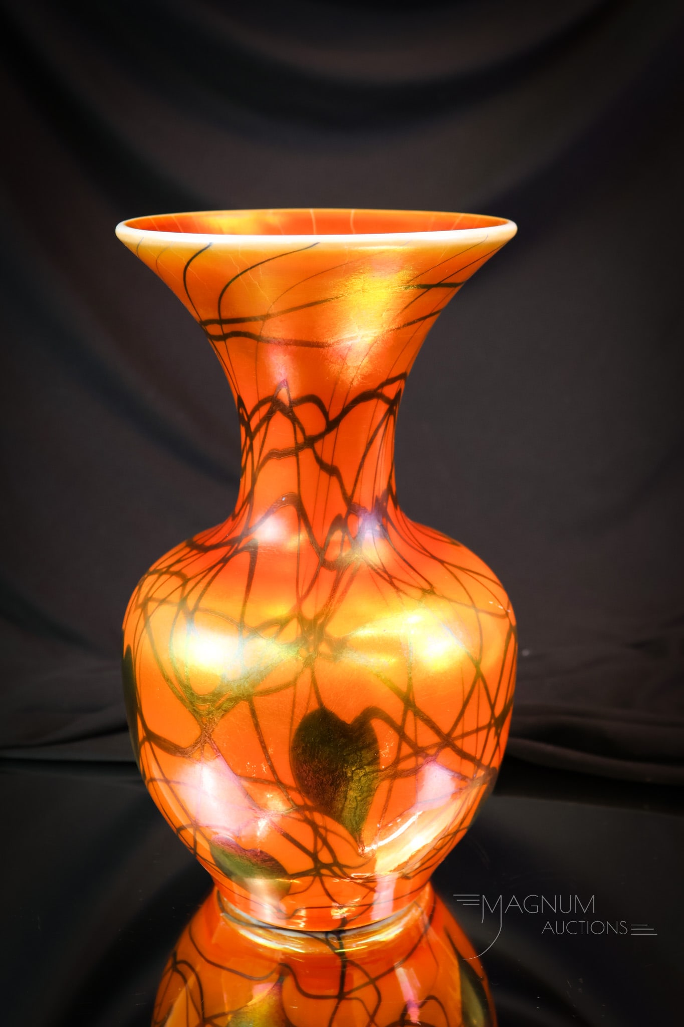 Imperial Freehand Orange Iridescent Heart & Vine Art Glass Vase: Another wonderful find in Imperial freehand art glass. This vase is in vivid orange iridescent glass with blue heart and vine decoration. This super piece has extraordinary coloring! The vase measures
