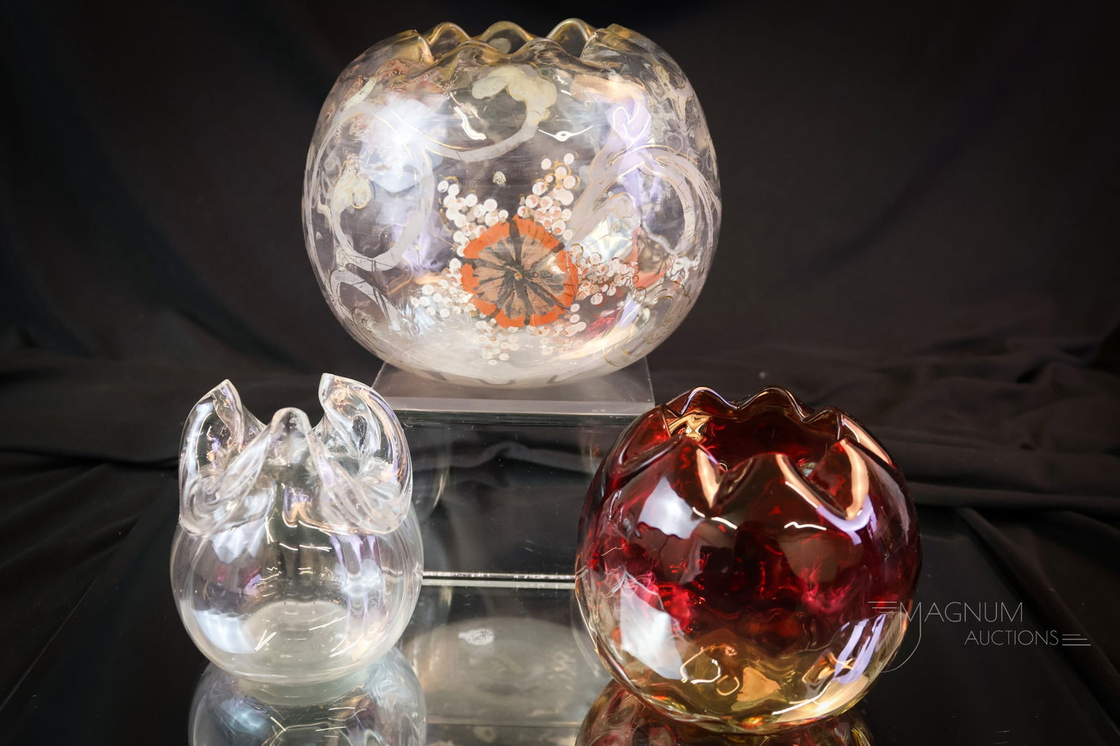 3 pc Lot Mt. Washington Art Glass Rosebowls Napoli Amberina & More: Three nice finds in Mt. Washington art glass rose bowls. The first is a rare Napoli art glass example with all-around florals. The second is a clear elephant ear unusual find. The third is a diamond-q