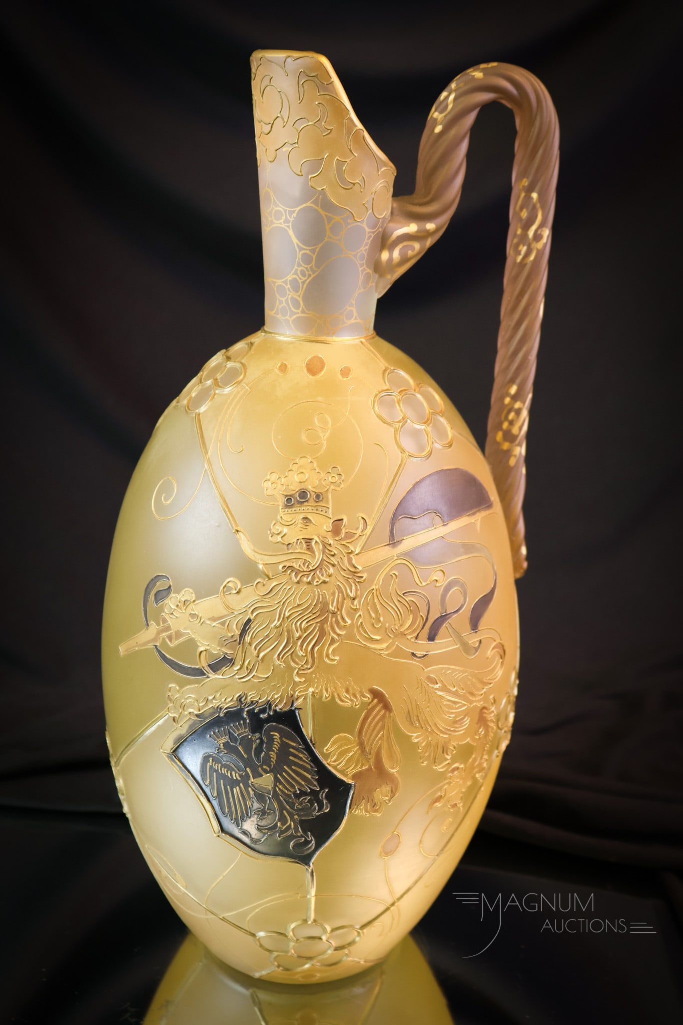 Rare Mt. Washington Royal Flemish Victorian Art Glass 12" Ewer: A phenomenal find in Mt. Washington Royal Flemish Victorian art glass. This piece features the original "Royal Flemish" label. The ewer measures 12 1/2" tall. This fine piece of art glass is decorated