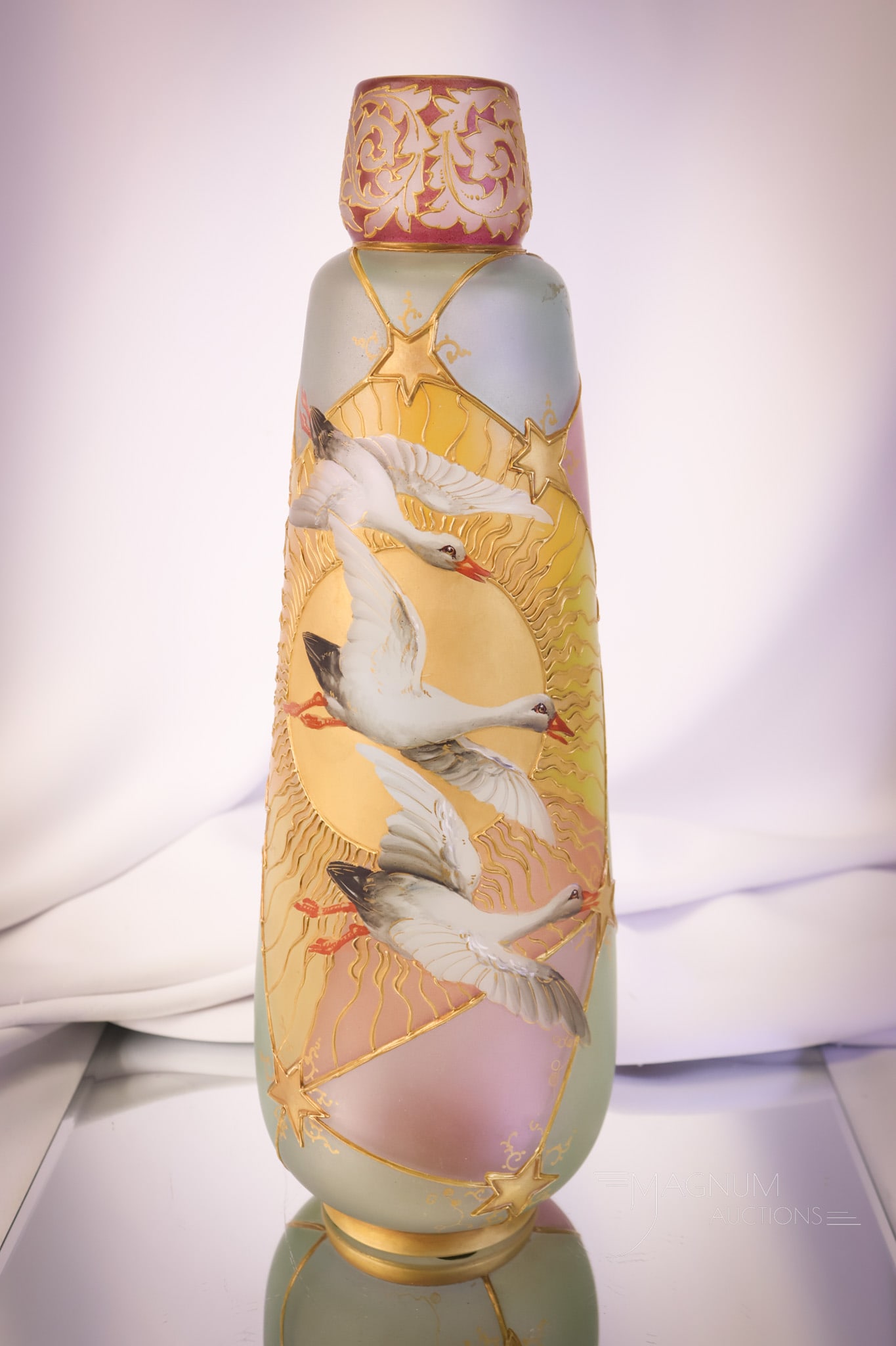 Mt. Washington Royal Flemish Snow Geese Art Glass Vase: A wonderful find in Victororian Mt. Washington art glass. This is a Snow Geese decorated Royal Flemish 14 1/4" vase. The vase body is decorated with segmented panels in colors of eggplant purple, blue