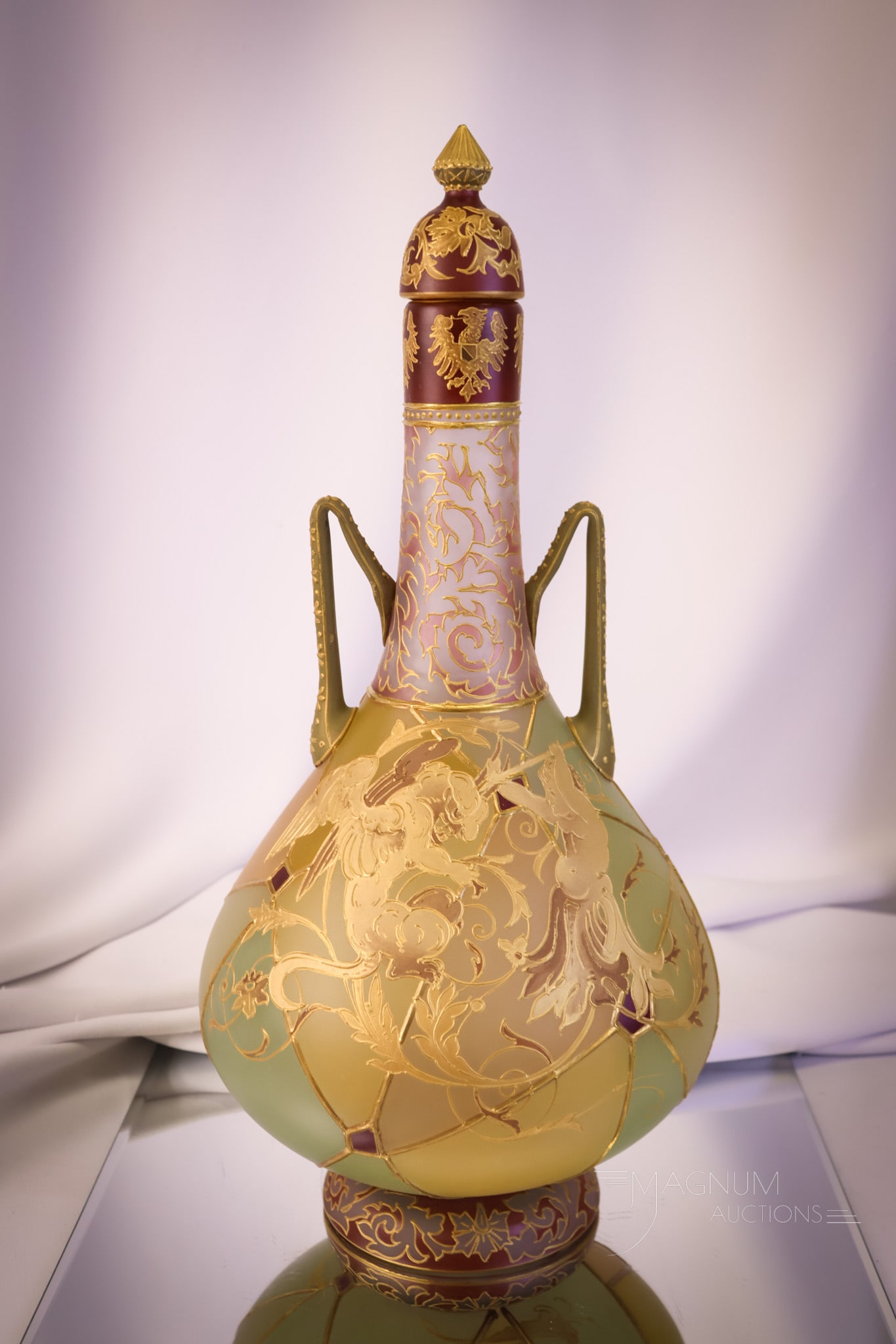 Museum Important Piece Mt. Washington Royal Flemish: One of the most important pieces of Mt. Washington Art Glass. This lidded temple jar is pictured in the Sisk reference book on Mt. Washington Art Glass, page 180. This extraordinary vase features a pu