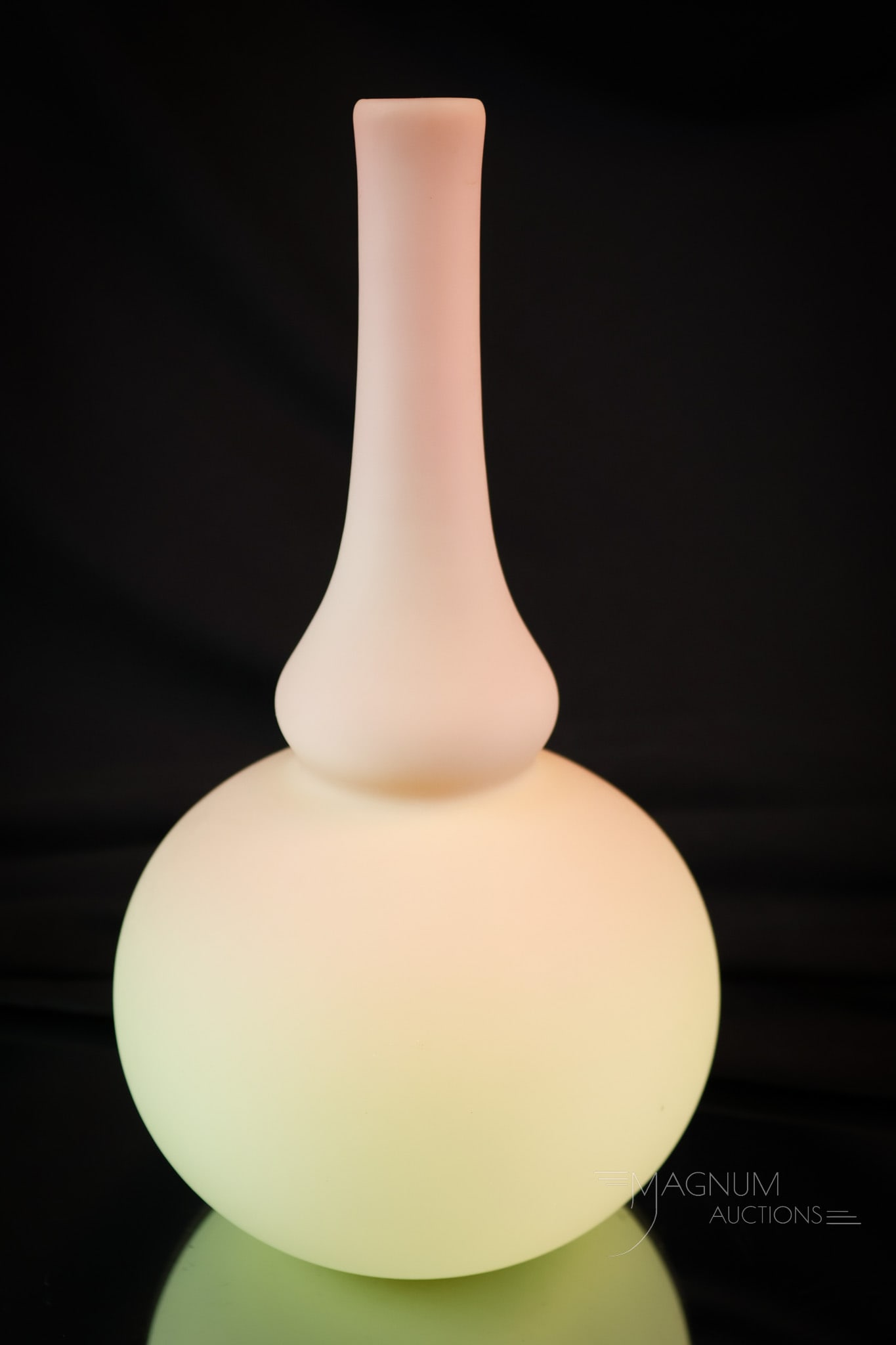 Mt. Washington Victorian Burmese Art Glass Vase: A lovely find in Mt. Washington burmese art glass. This vase has a classic form and perfect coloring. A gem in our line-up of Mt. Washington glass. SHIPPING NOTICE: If you choose not to utilize the Li